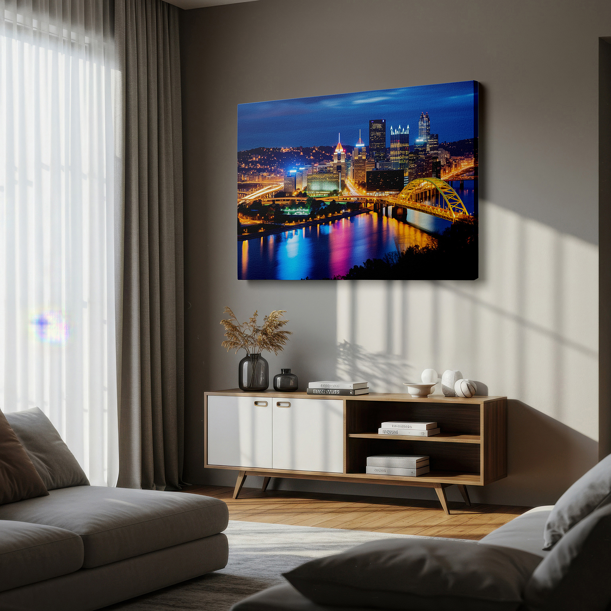 Presented on a clean white gallery wall with ample space — pittsburgh skyline at dusk: a vibrant blend of city buzz and peaceful nature - large wall art, canvas wall art, wall decor for office