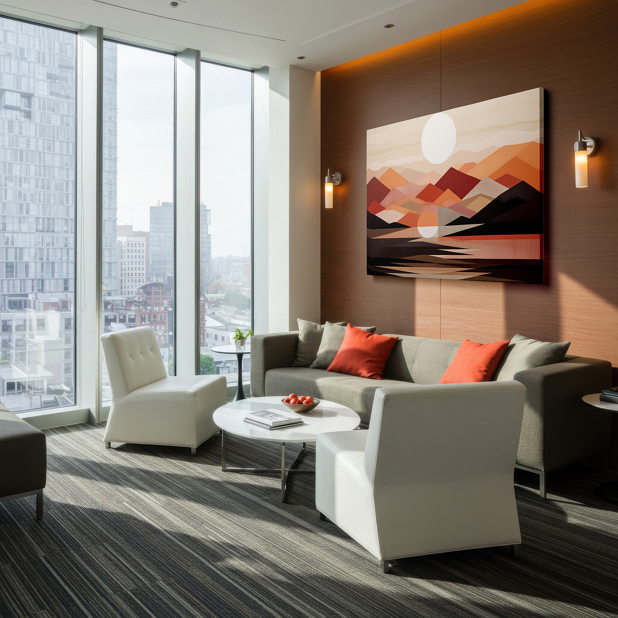 Presented on a clean white gallery wall with ample space — radiant sun and majestic mountain abstract art, emotive warm hues and bold strokes, large canvas wall decor for office