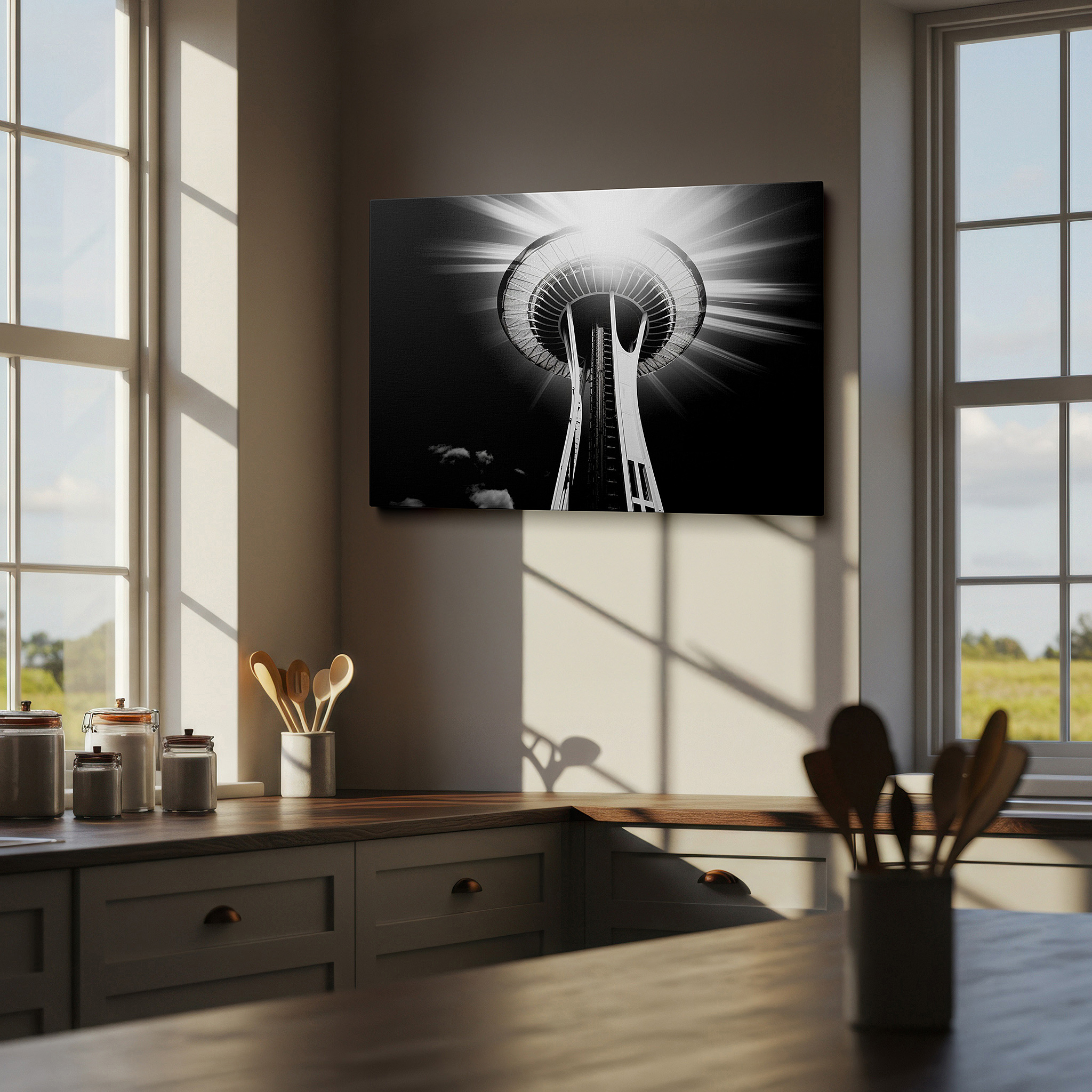 Presented on a clean white gallery wall with ample space — seattle space needle in dramatic black and white: a masterful interplay of light and shadow, large canvas wall art for office decor