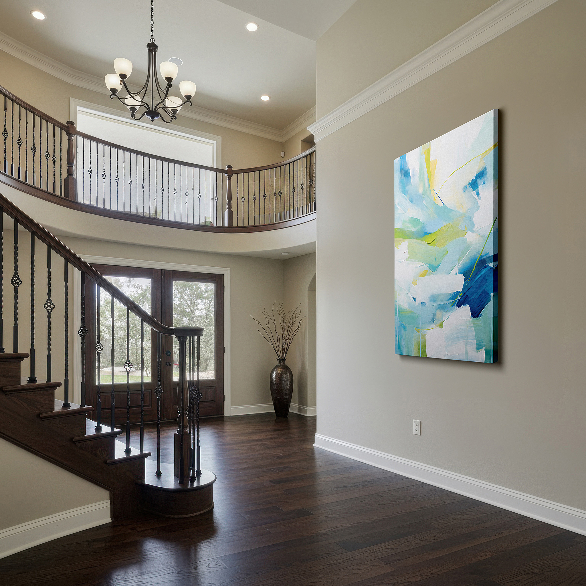 Presented on a clean white gallery wall with ample space — serene abstract art in soft blues and greens for peaceful spaces, large canvas wall art for office, bedroom, and living room decor