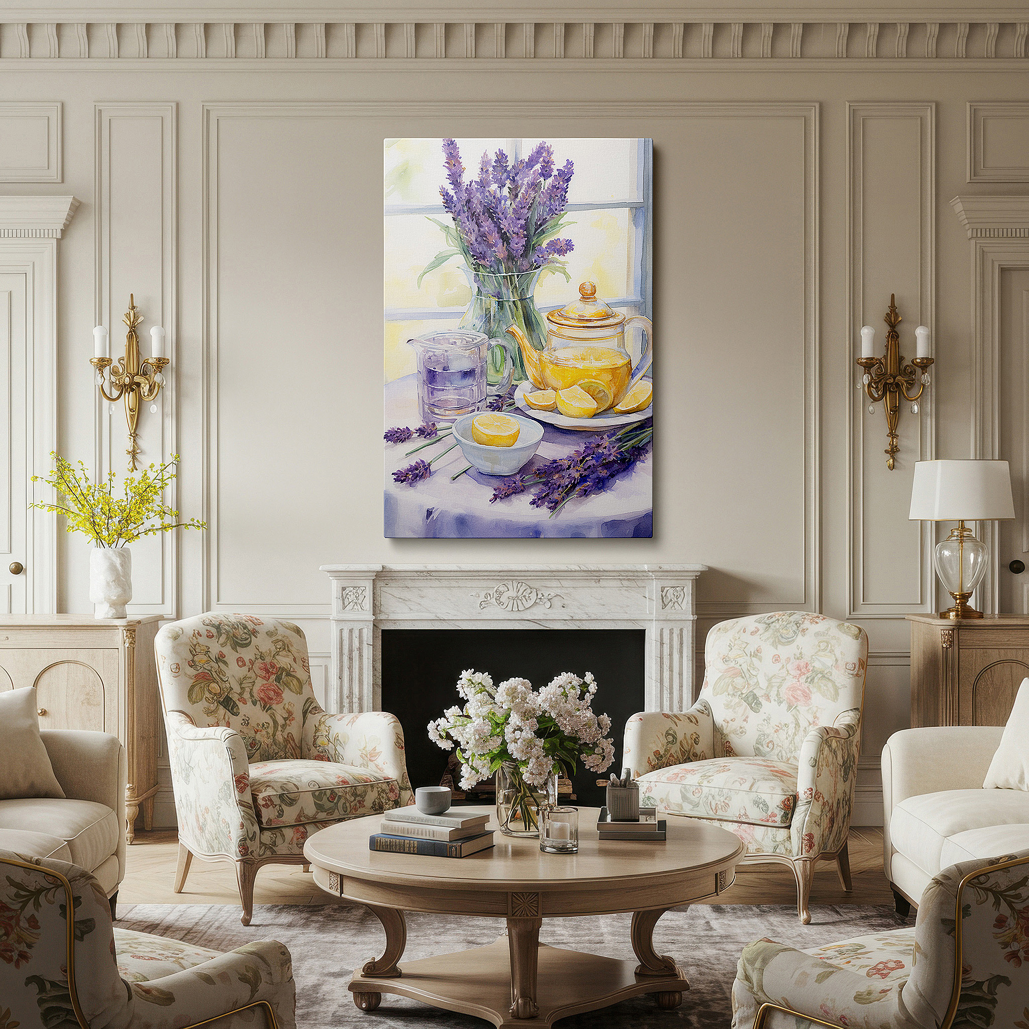 Presented on a clean white gallery wall with ample space — serene afternoon wall art: tea, lemons, and lavender in sunlit elegance - large canvas decor for office and bedroom