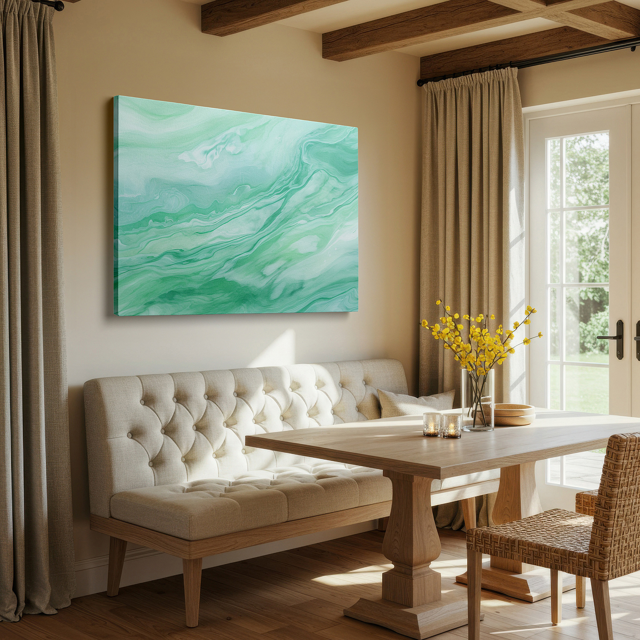 Presented on a clean white gallery wall with ample space — a serene array of greens: abstract expressionism in large wall art, canvas wall art, wall decor for offices