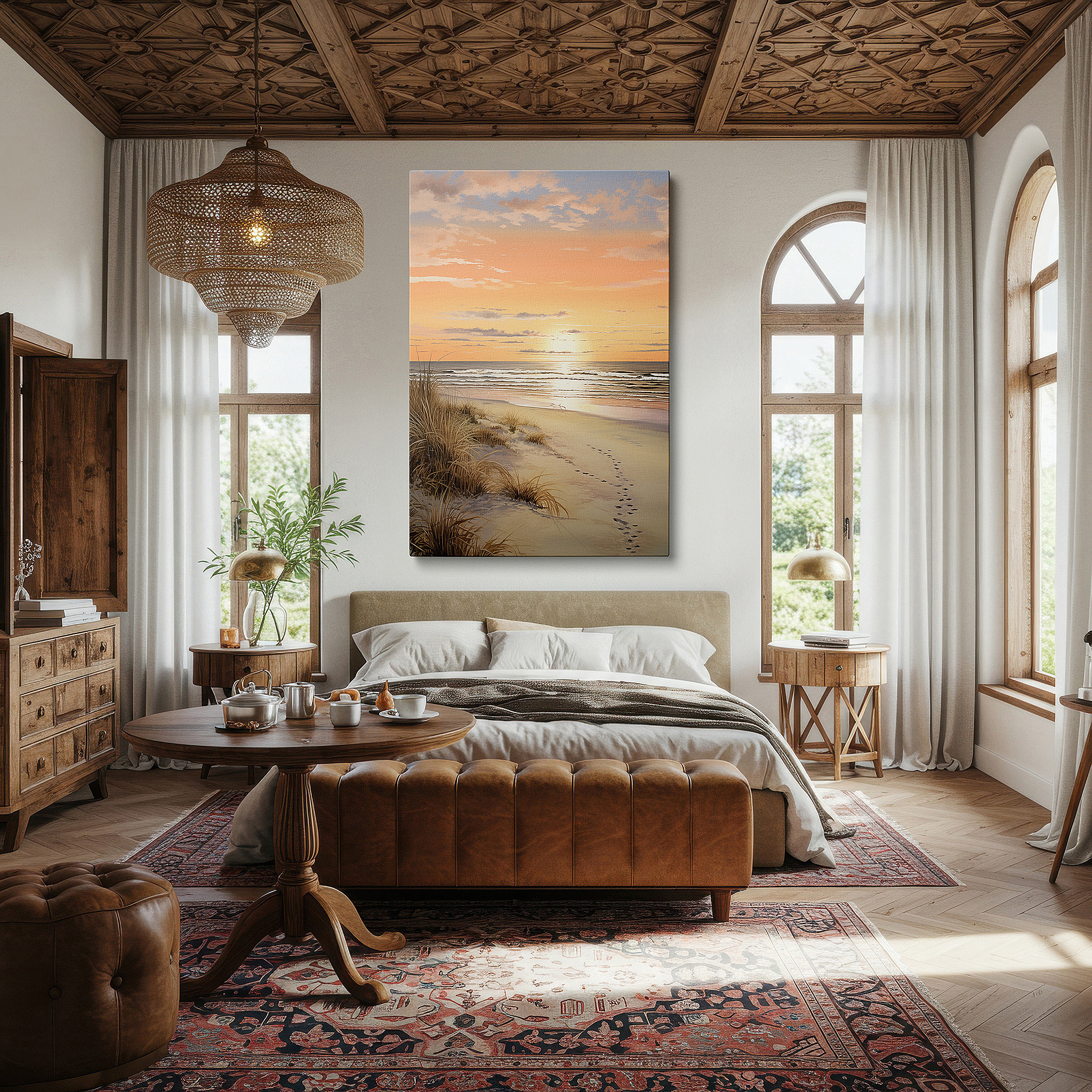 Presented on a clean white gallery wall with ample space — serene beach at sunset wall art: a tranquil haven for reflection and calm - large canvas wall art for office and bedroom decor
