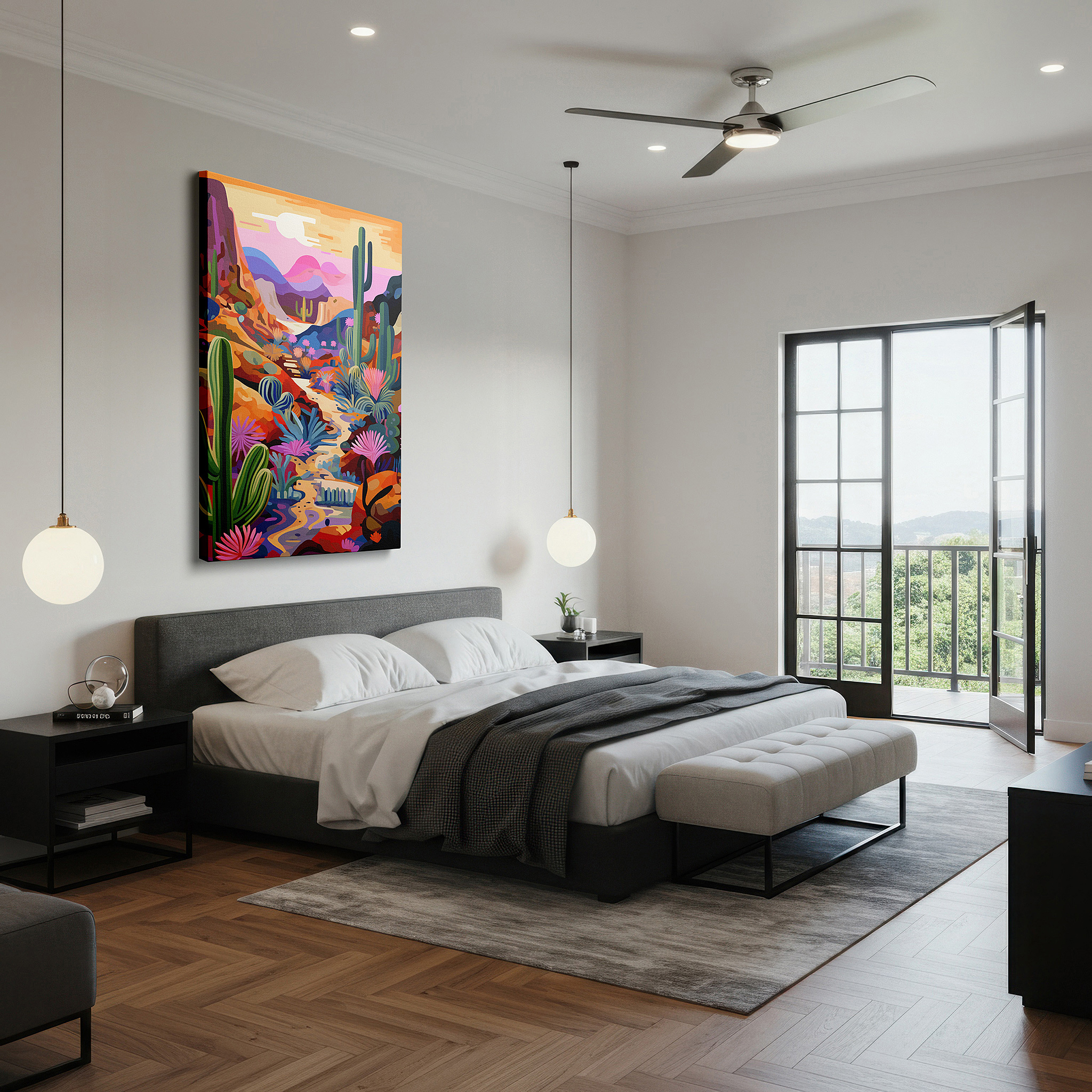 Presented on a clean white gallery wall with ample space — serene desert sunset featuring majestic cacti and vibrant flora - large canvas wall art for office, bedroom, and living room decor