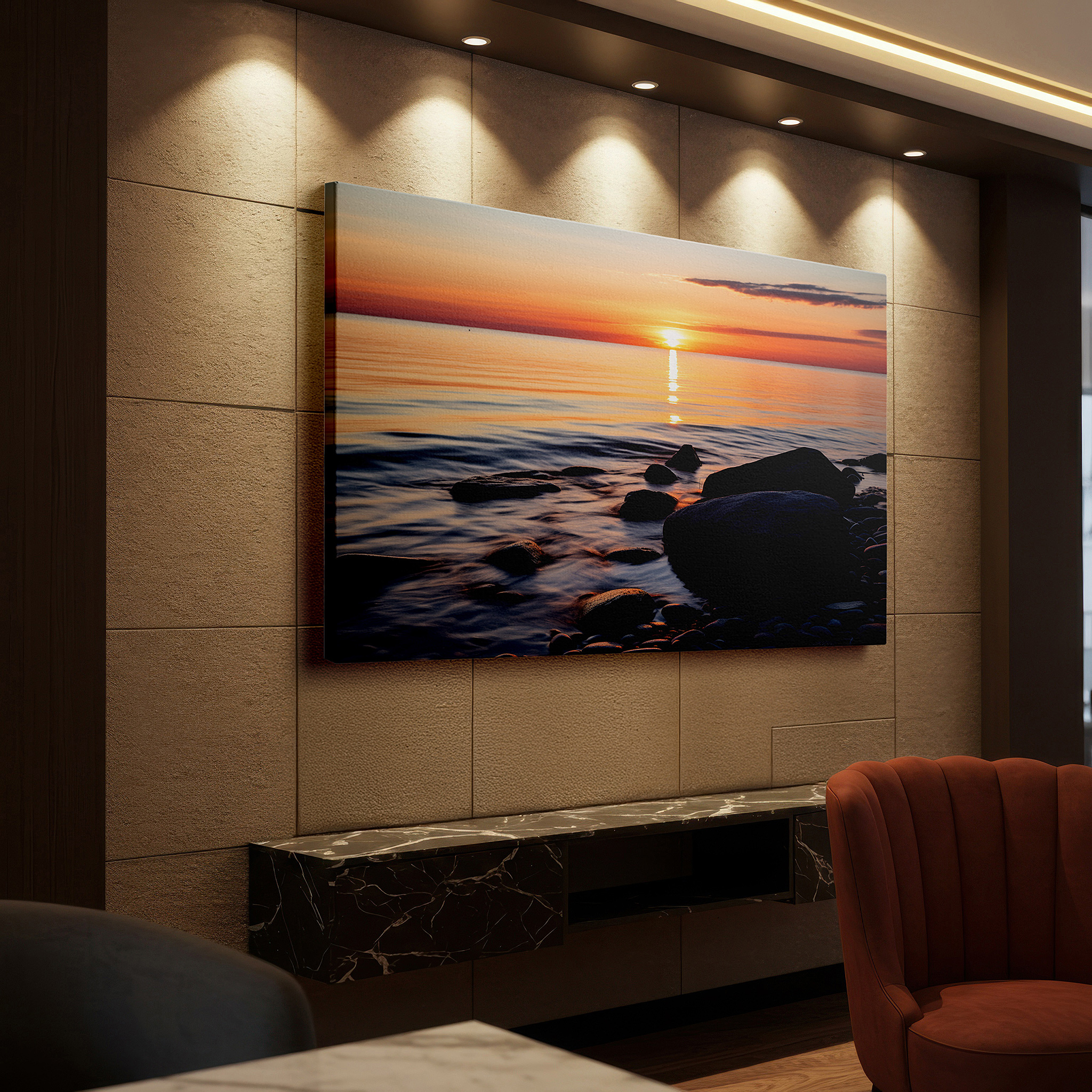 Presented on a clean white gallery wall with ample space — serene evening by the sea - tranquil sunset and pebbled shoreline large wall art, canvas decor for office and bedroom