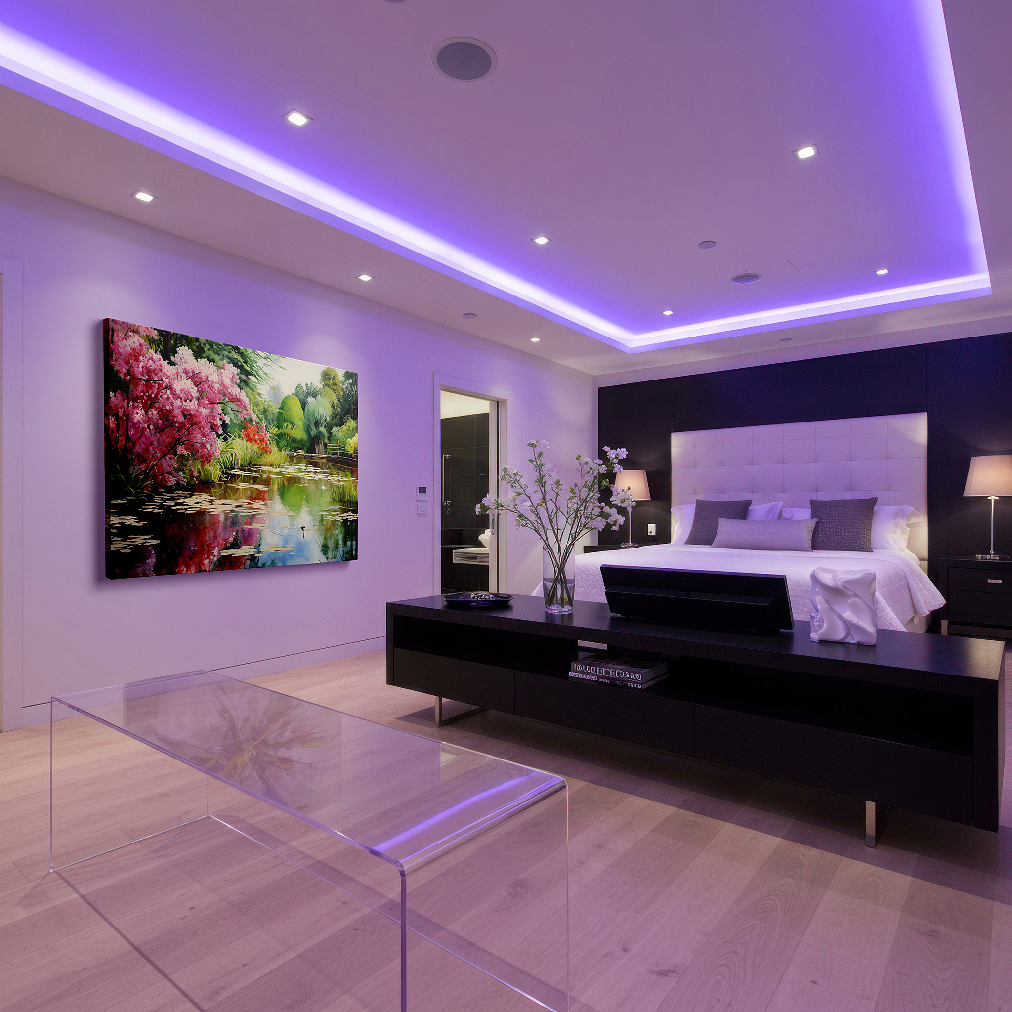 Presented on a clean white gallery wall with ample space — serene garden pond canvas wall art featuring lush greenery and bright pink flowers, ideal for office or bedroom decor