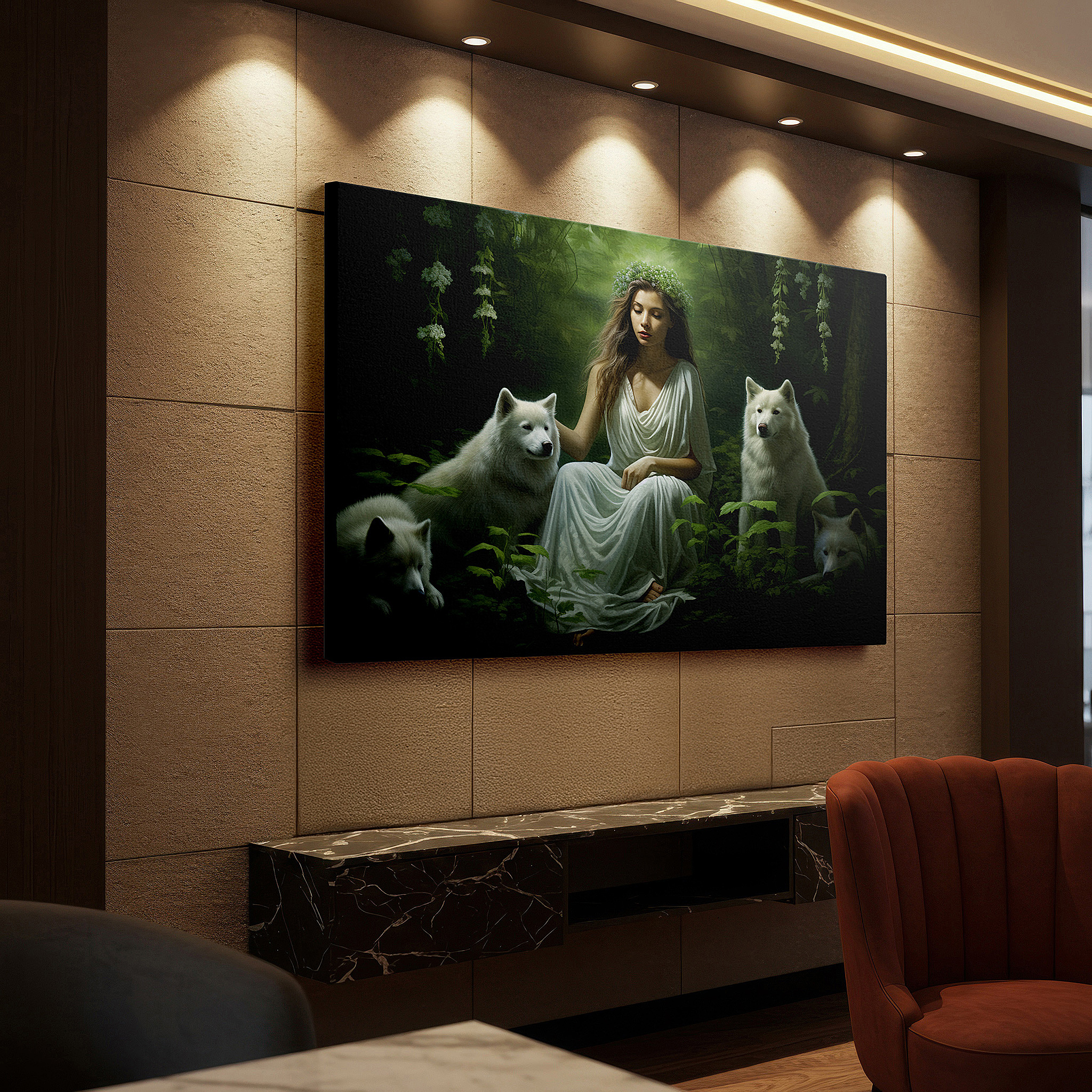 Presented on a clean white gallery wall with ample space — serene harmony wall art: woman and white wolves in enchanted forest - large canvas art for office and bedroom decor