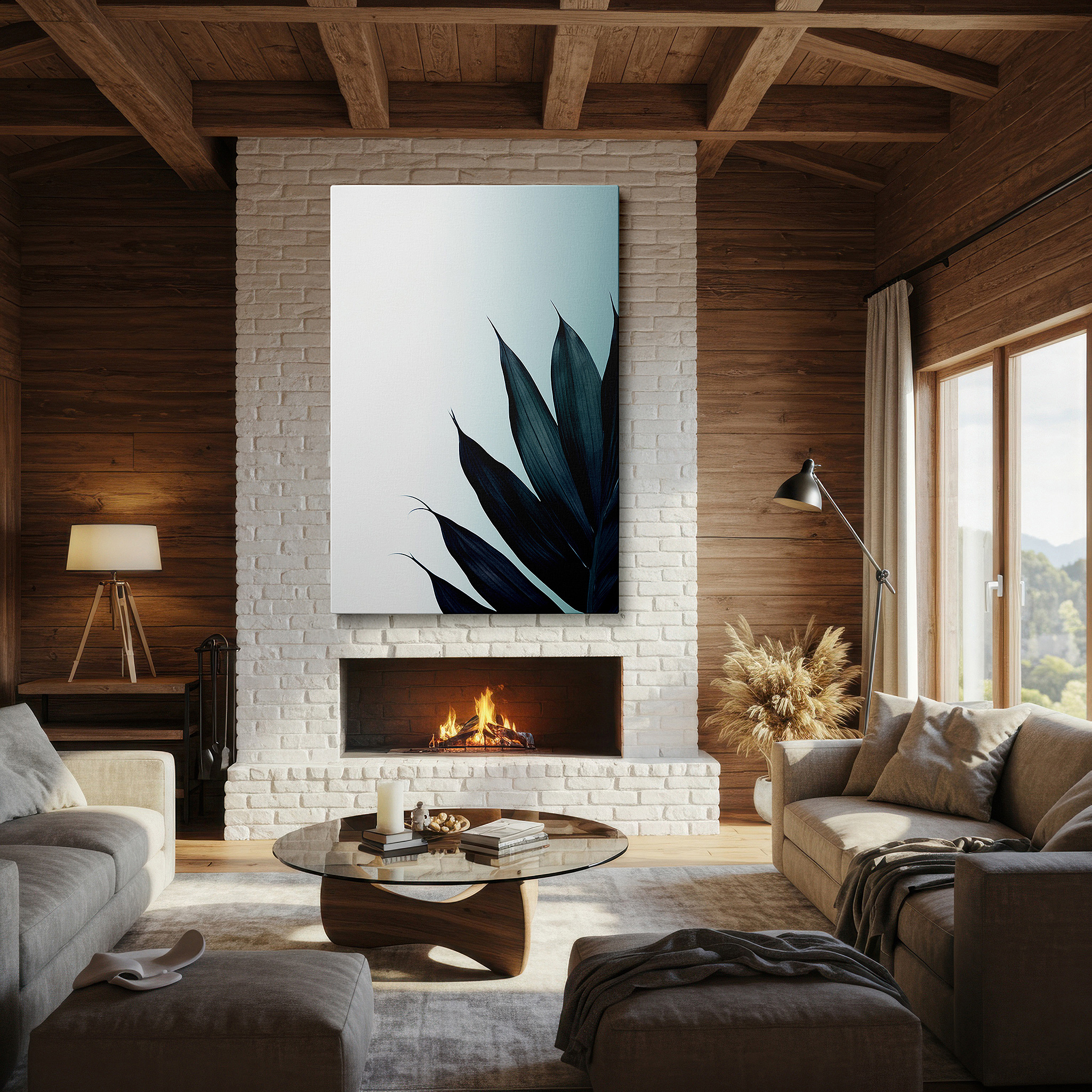 Presented on a clean white gallery wall with ample space — serene leaves at dawn's gradient: emblem of resilience and growth, minimalist large wall art, canvas decor for office