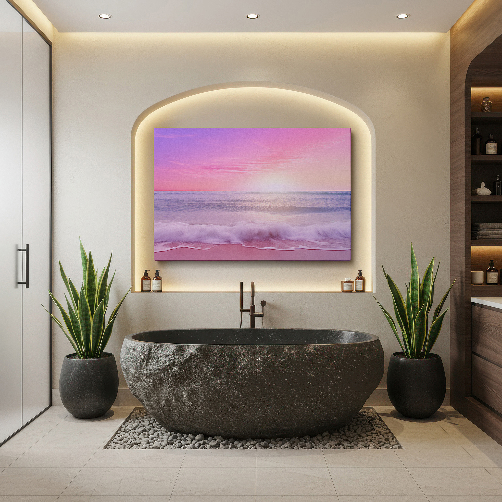 Presented on a clean white gallery wall with ample space — serene ocean sunset featuring gentle pink and purple tones above peaceful waters - large canvas wall art for home and office decor