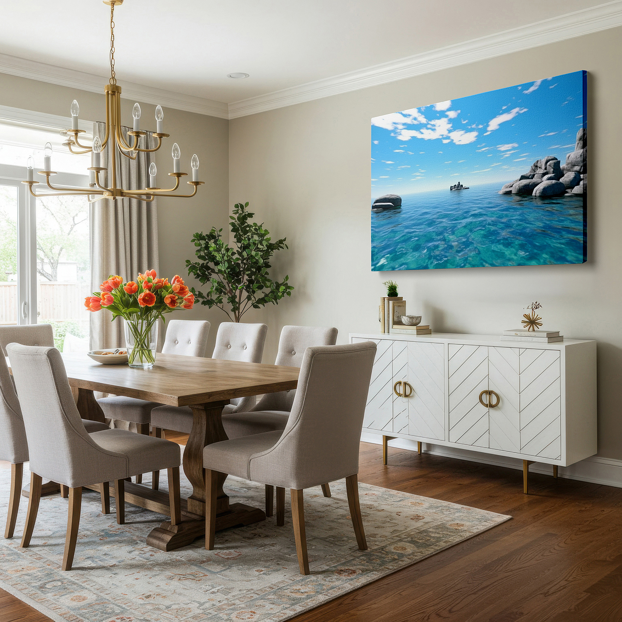 Presented on a clean white gallery wall with ample space — serene ocean view with clear waters and rugged coastlines - oversized wall art for living room, bedroom, or office