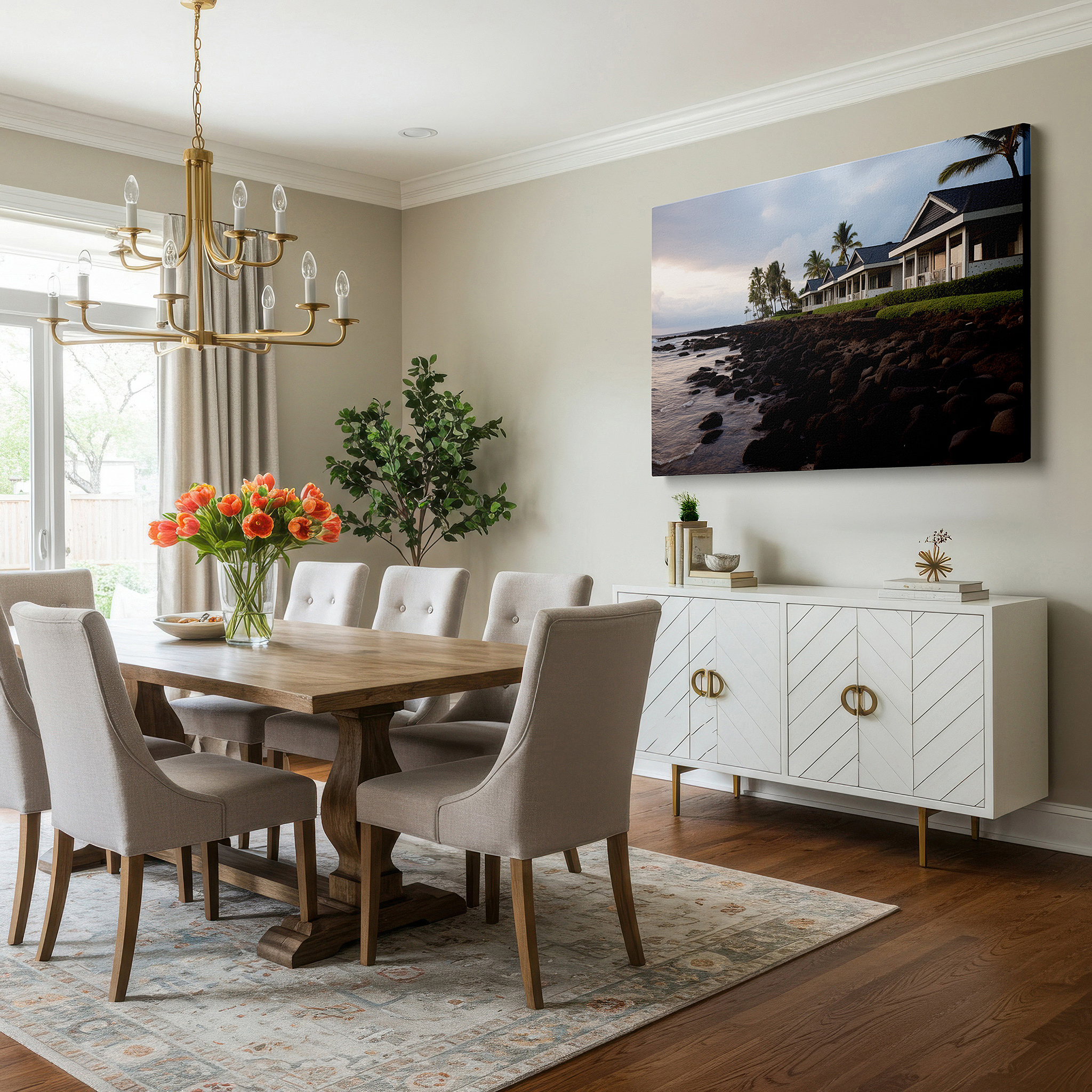 Presented on a clean white gallery wall with ample space — serene seaside escape featuring pastel villas and tropical palms - large wall art, canvas wall art, wall decor for office and bedroom