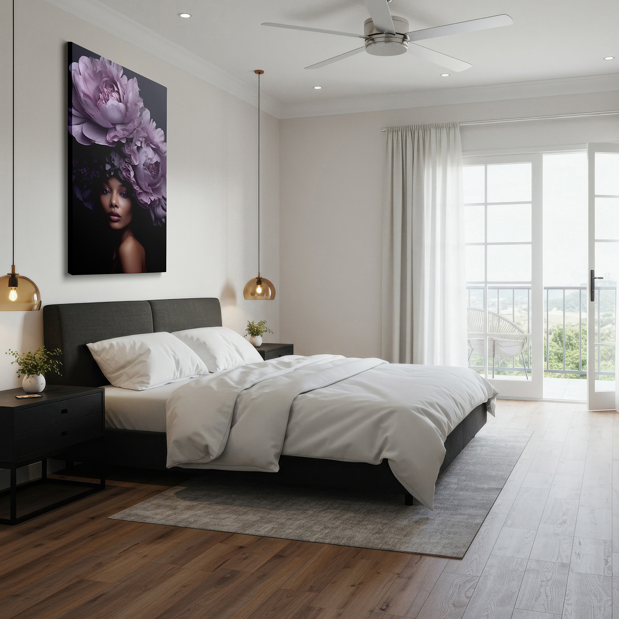 Presented on a clean white gallery wall with ample space — serene and strong ethereal woman with peony floral headpiece - large wall art, canvas wall art, wall decor for office and bedroom