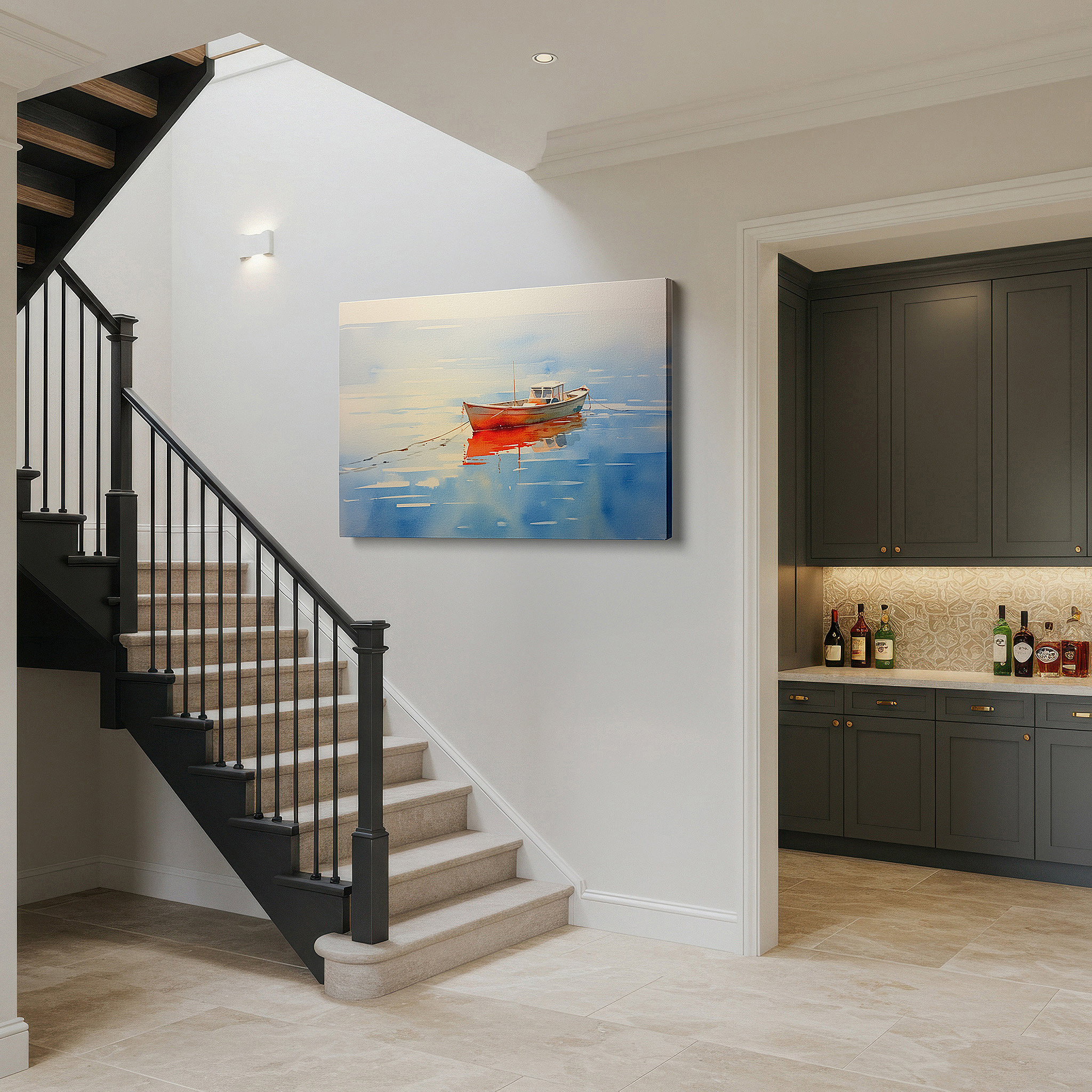 Presented on a clean white gallery wall with ample space — serene waters and solitary boat: a tranquil reflection - large canvas wall art for office and bedroom decor
