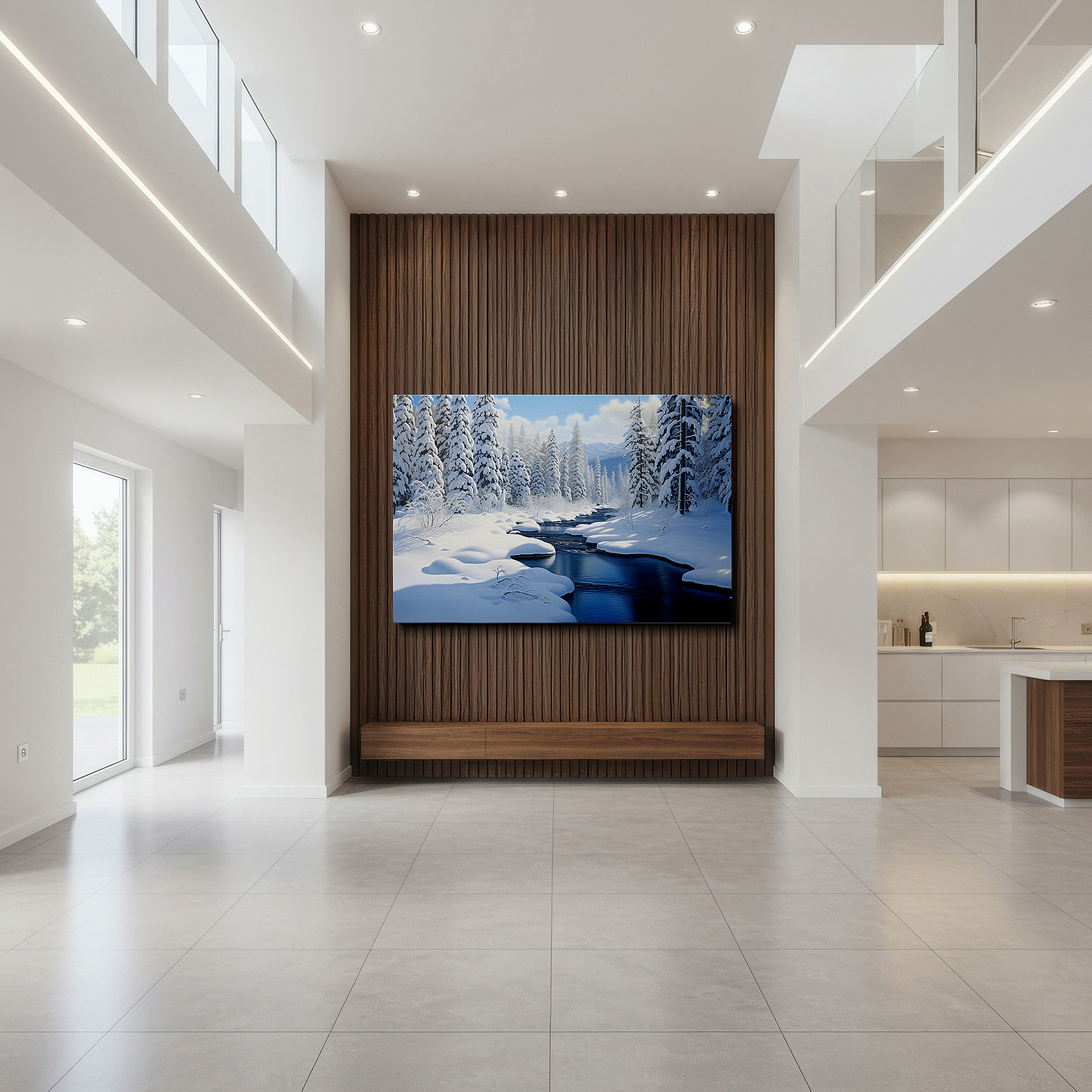 Presented on a clean white gallery wall with ample space — serene winter wonderland canvas wall art featuring snow-covered pines and icy stream, perfect for office, living room, or bedroom decor