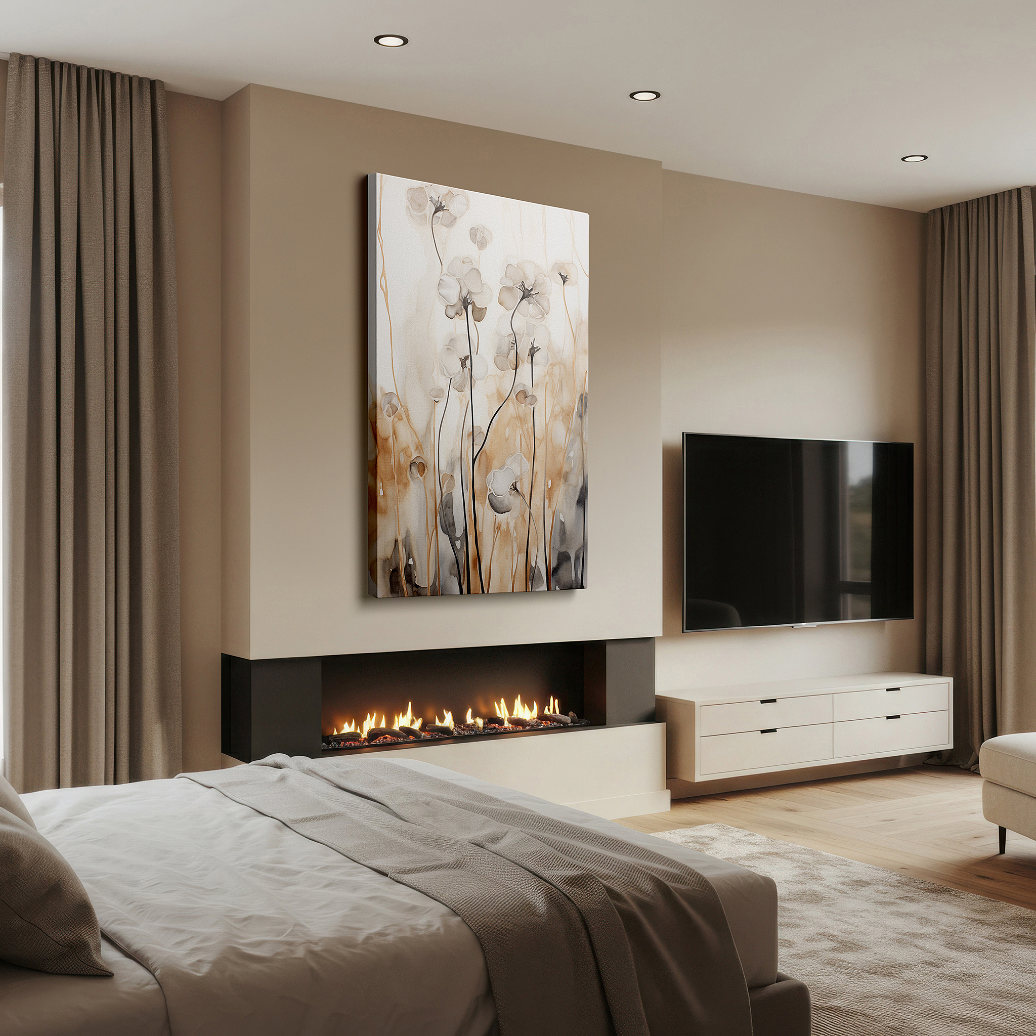 Presented on a clean white gallery wall with ample space — soft-hued abstract floral elegance, tranquil spring warmth large wall art, canvas wall art, wall decor for office