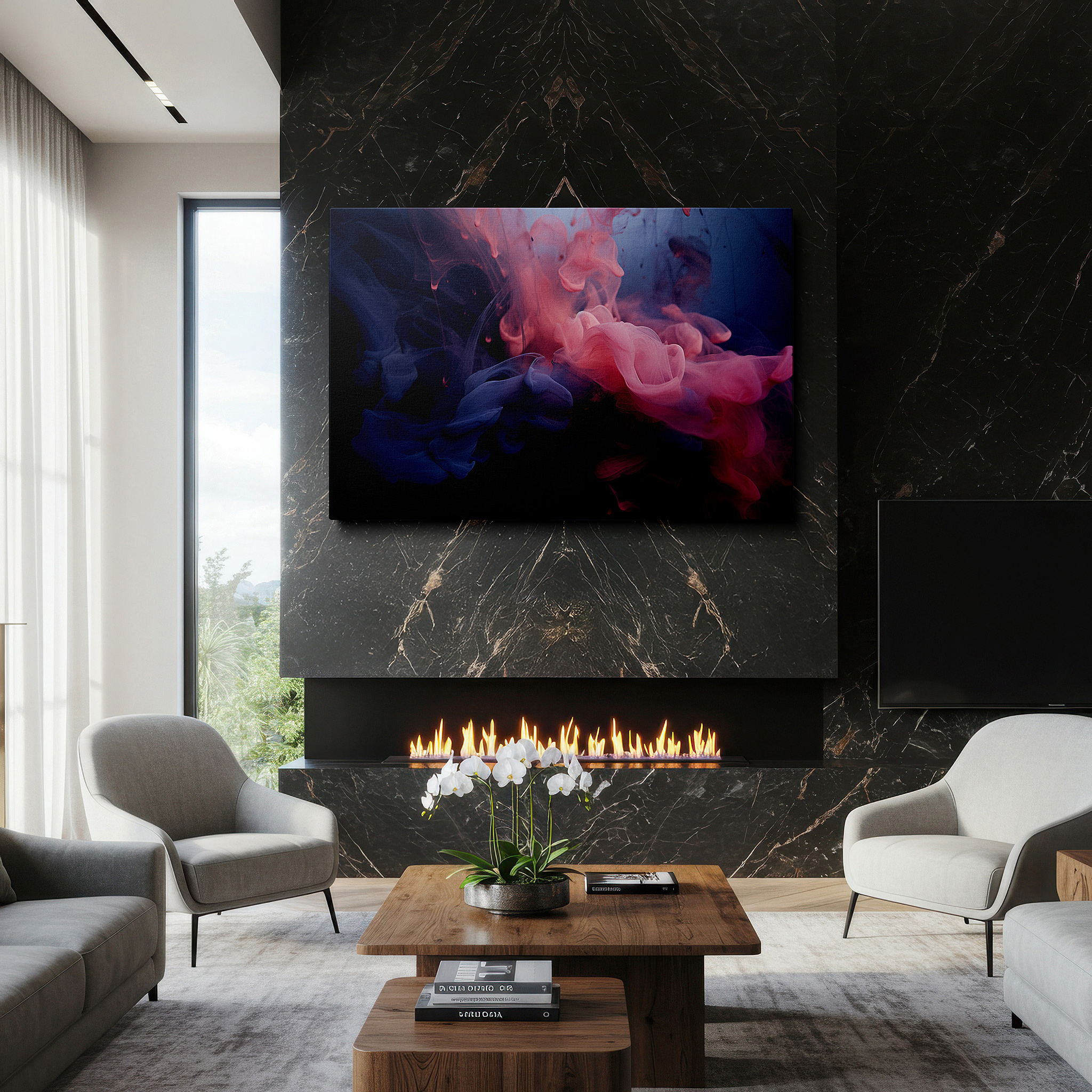 Presented on a clean white gallery wall with ample space — soft pink and blue dreamlike clouds, serene sky dance large canvas wall art for office, bedroom, and living room decor