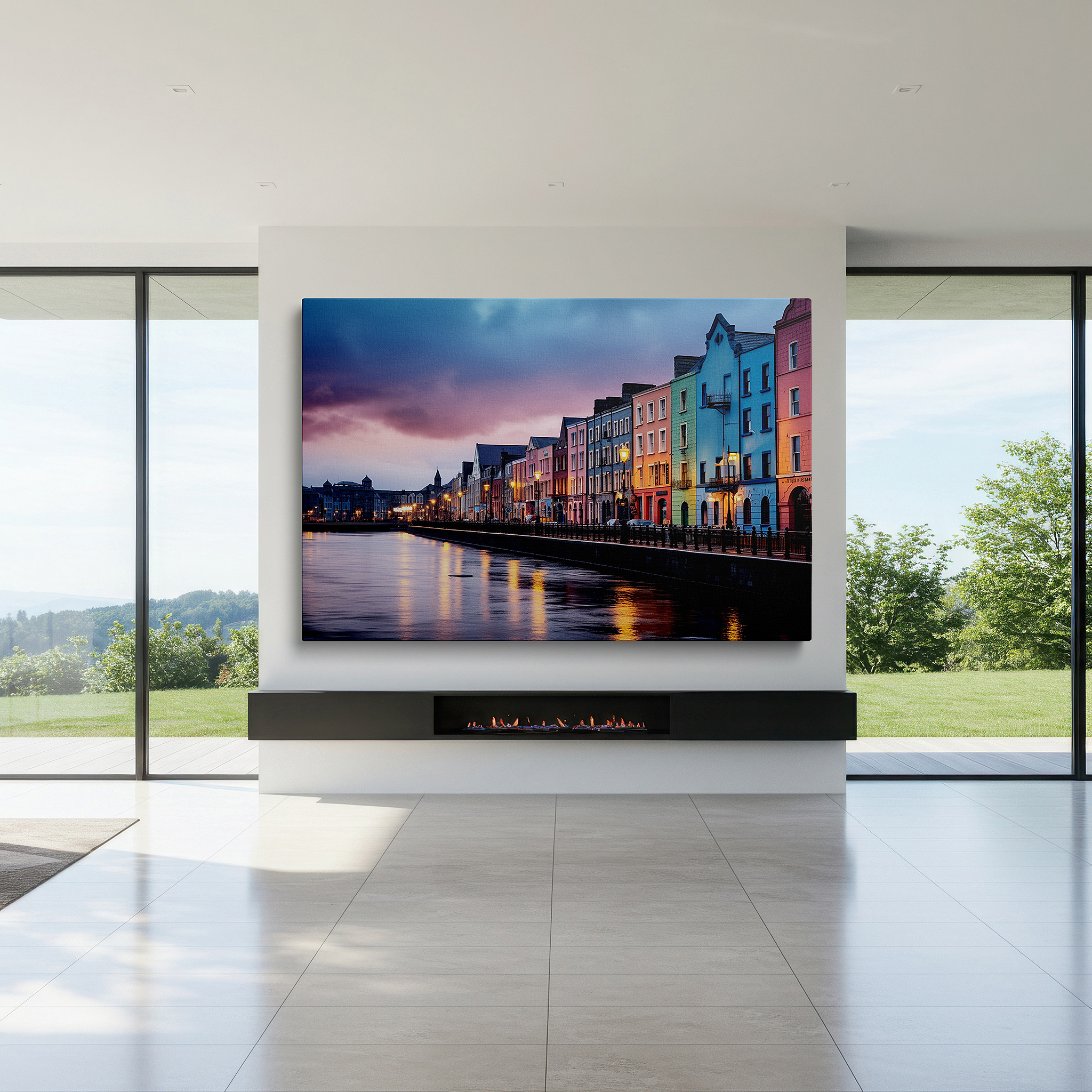 Presented on a clean white gallery wall with ample space — starlit sky over historic harbor: tranquil waters meet vibrant city life in serene nighttime large wall art, canvas wall art, wall decor
