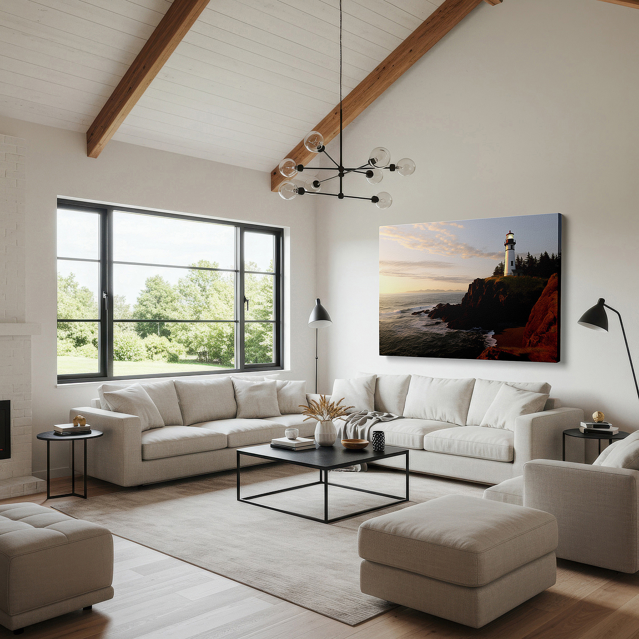 Presented on a clean white gallery wall with ample space — stunning dawn-lit lighthouse canvas art - a beacon of guidance on a rugged cliff, ideal for office wall decor