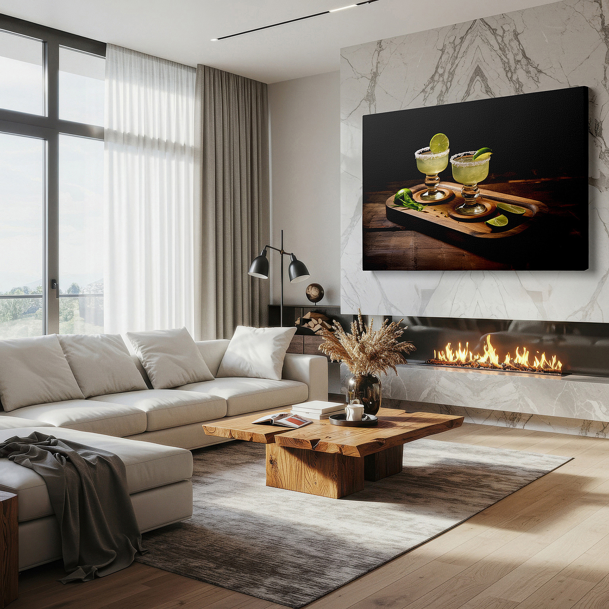 Presented on a clean white gallery wall with ample space — summer celebration cocktails on a rustic tray - vibrant social joy large wall art, canvas wall art, wall decor for office and bedroom