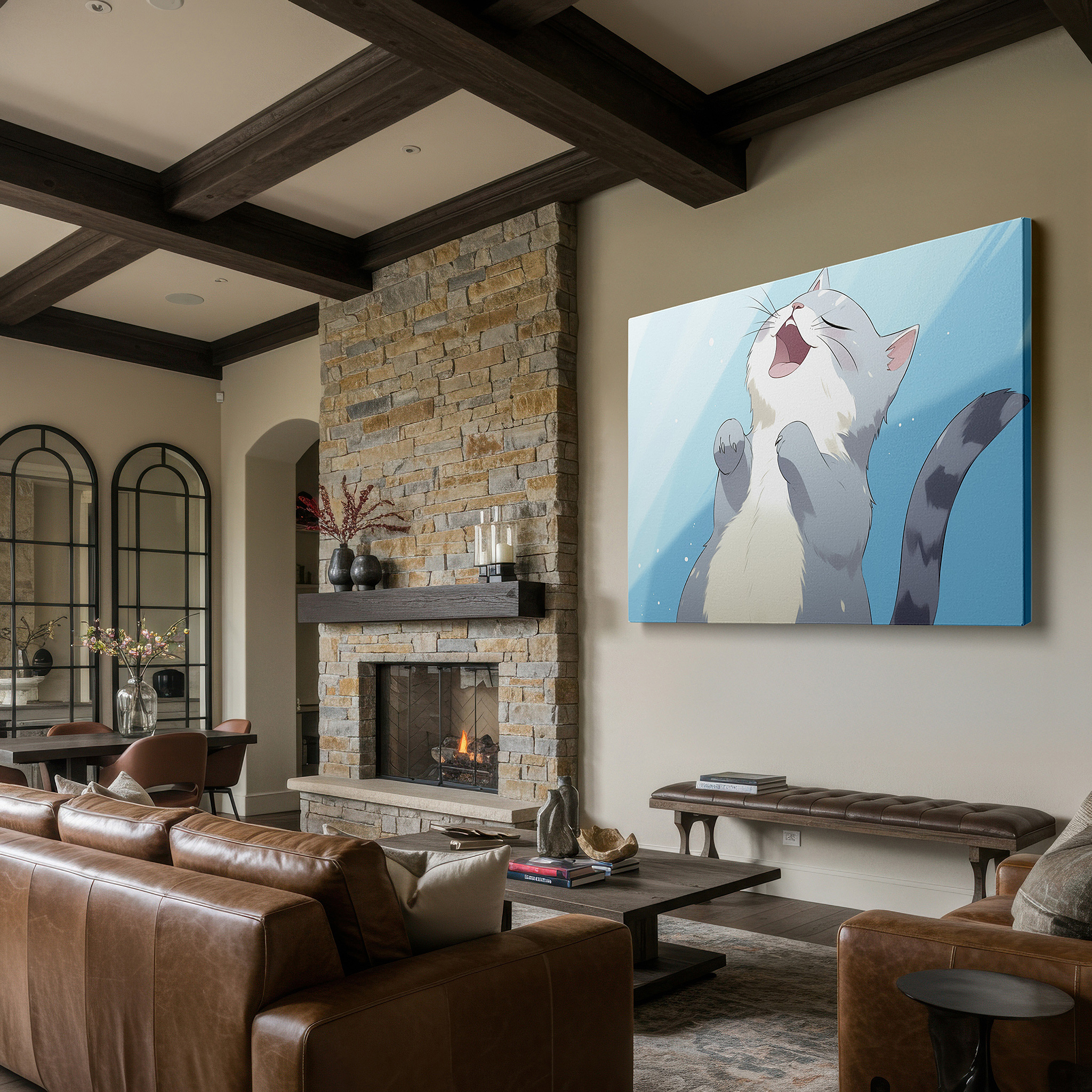 Presented on a clean white gallery wall with ample space — sunlit cat's playful antics on a serene blue background - large canvas wall art for office, living room, and bedroom decor