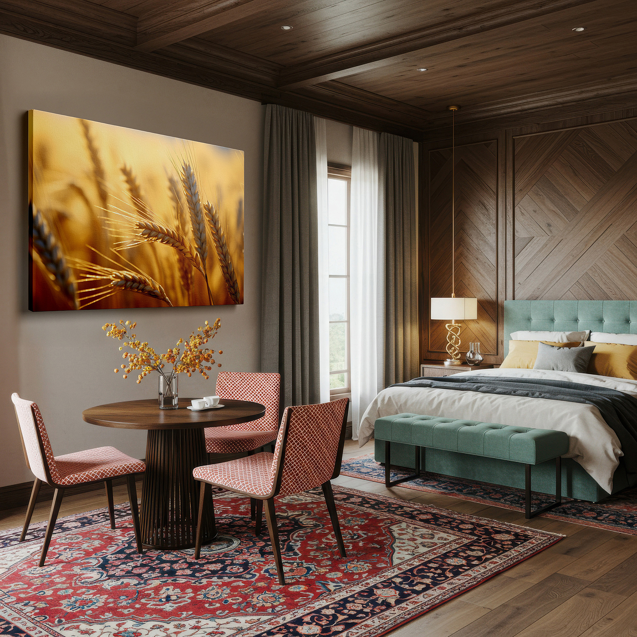 Presented on a clean white gallery wall with ample space — sunlit golden wheat spike: a symbol of growth and warmth - large wall art, canvas wall art, wall decor for office and bedroom