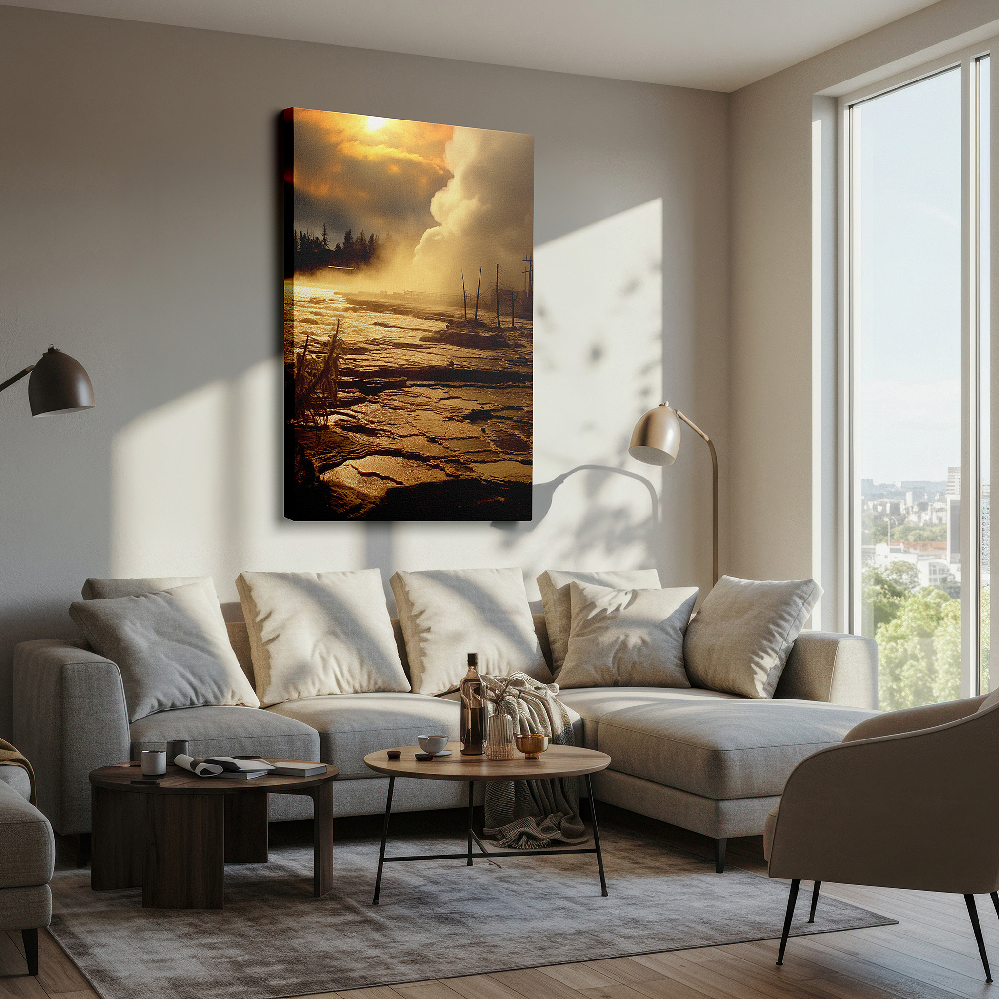 Presented on a clean white gallery wall with ample space — sunrise embrace - transforming the ordinary with golden light and mist large wall art, canvas wall art, wall decor for office