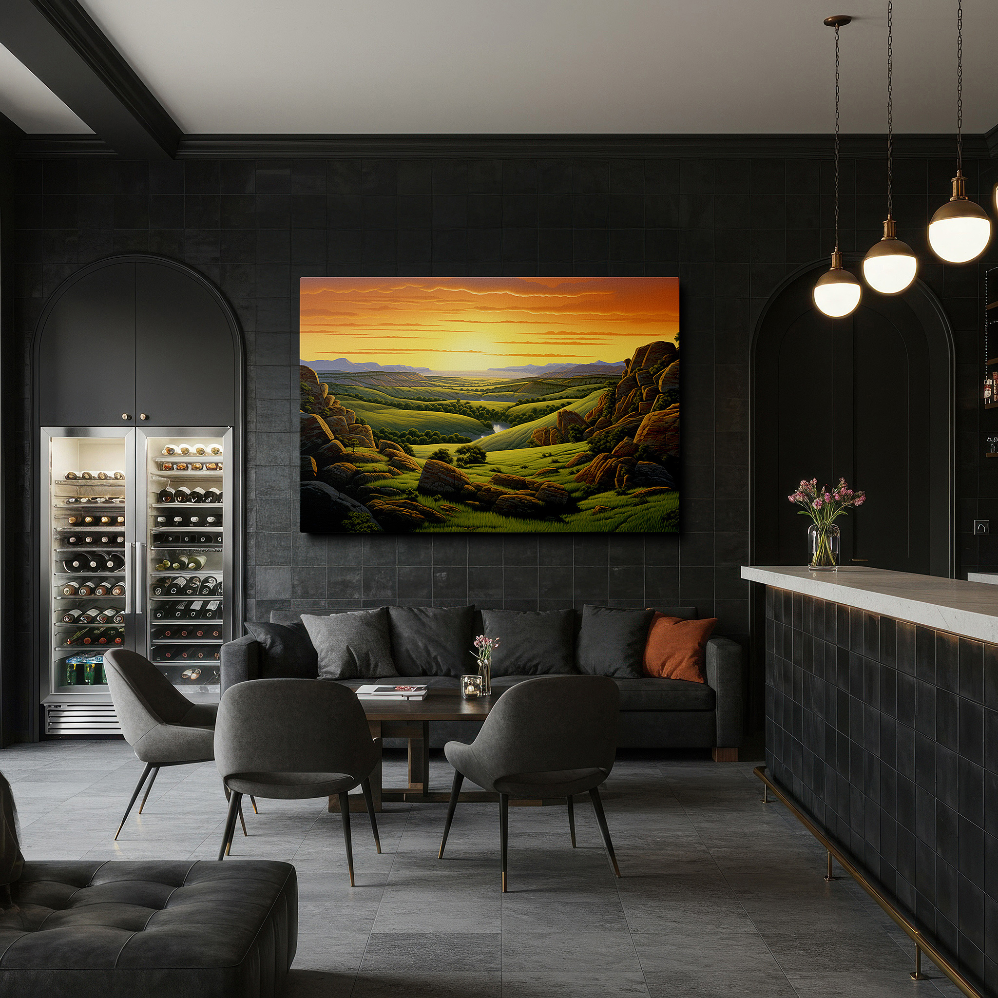 Presented on a clean white gallery wall with ample space — sunrise over rolling hills: tranquil landscape large wall art for daily inspiration - perfect for office and bedroom decor
