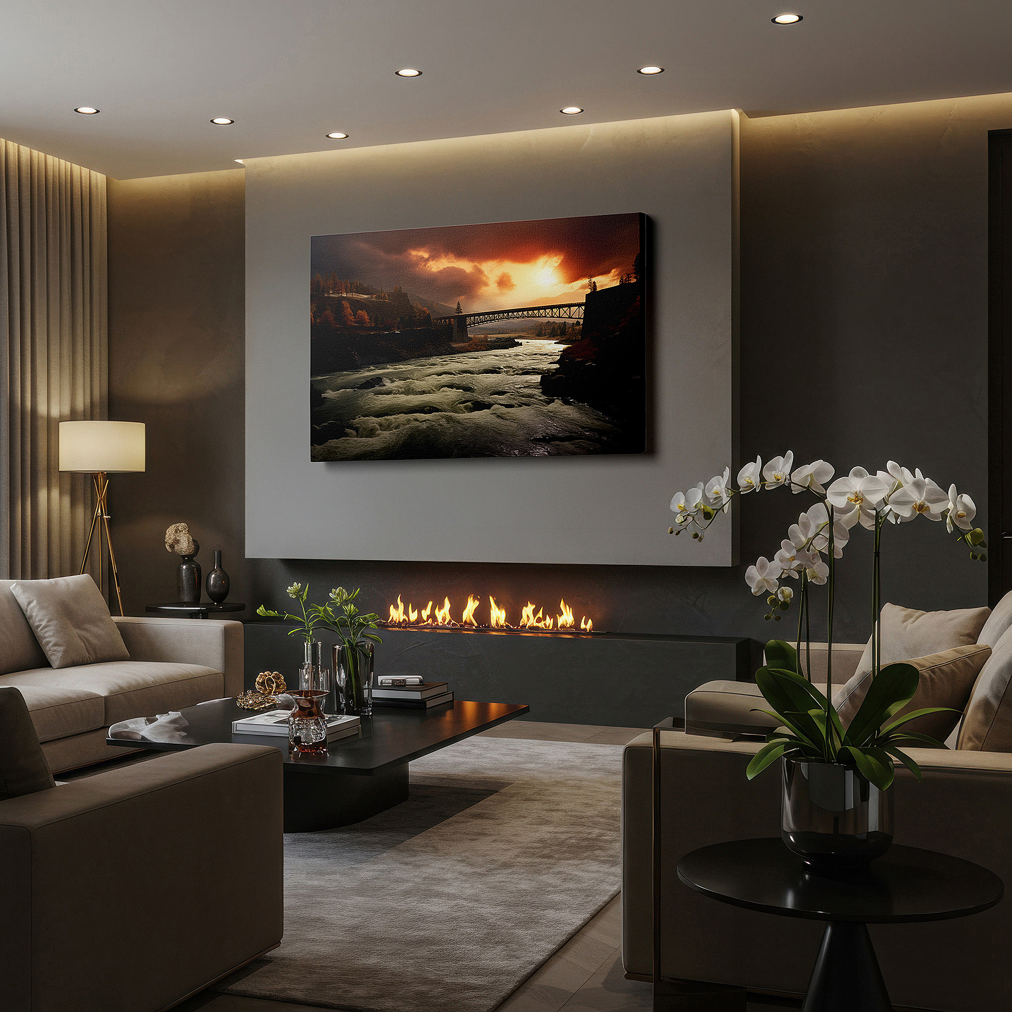 Presented on a clean white gallery wall with ample space — sunset blaze over the vigorous river and majestic bridge wall art - large canvas for office, bedroom, and living room decor