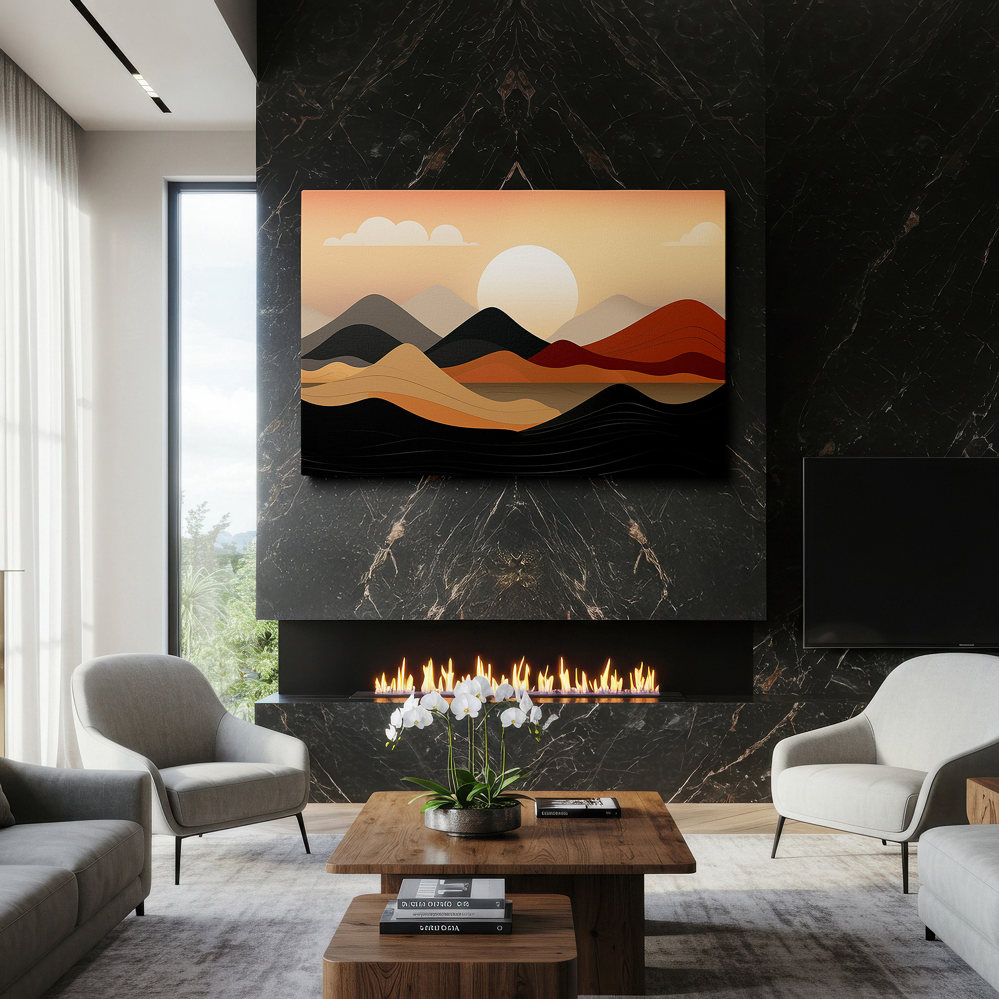 Presented on a clean white gallery wall with ample space — sunset-inspired abstract landscape, serene flowing lines, large canvas wall art for tranquil spaces, ideal for office and bedroom decor