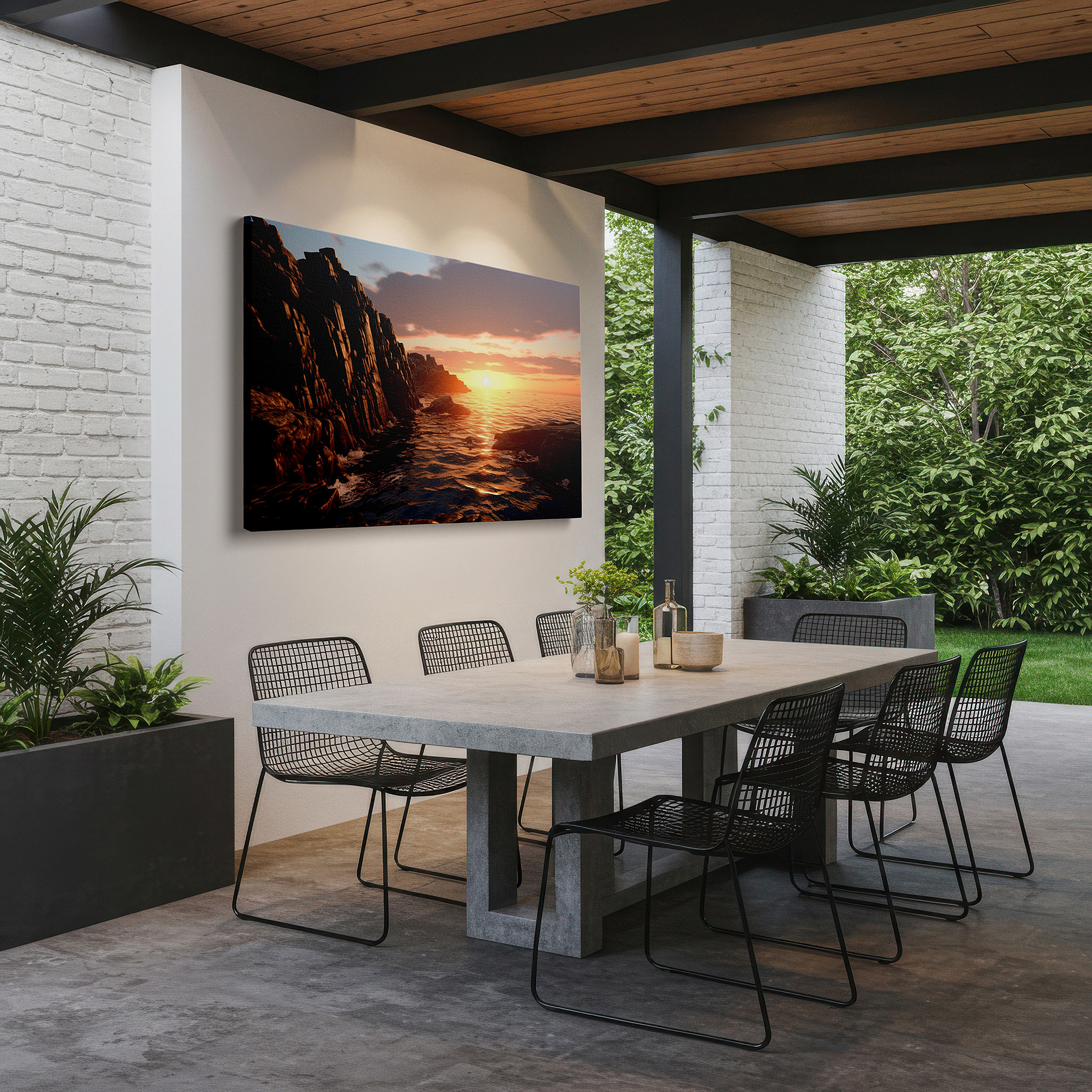 Presented on a clean white gallery wall with ample space — sunset over rugged coastline: a symphony of light and tranquility - large canvas wall art for office and bedroom decor