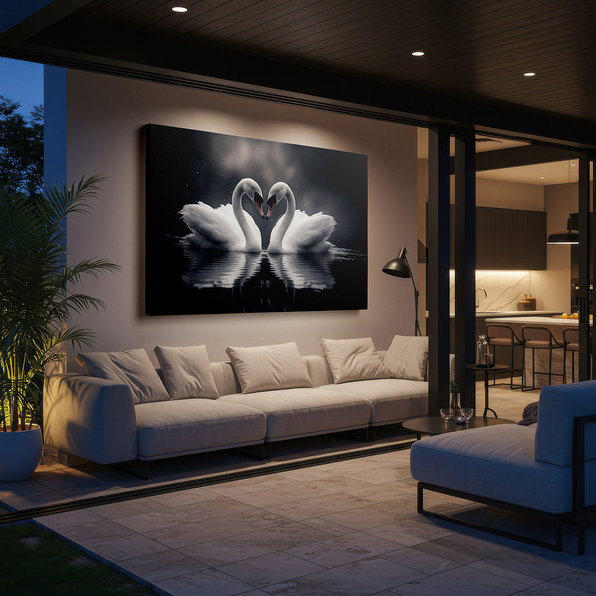 Presented on a clean white gallery wall with ample space — swan embrace wall art: symbol of love and unity on tranquil waters - large canvas for home and office decor