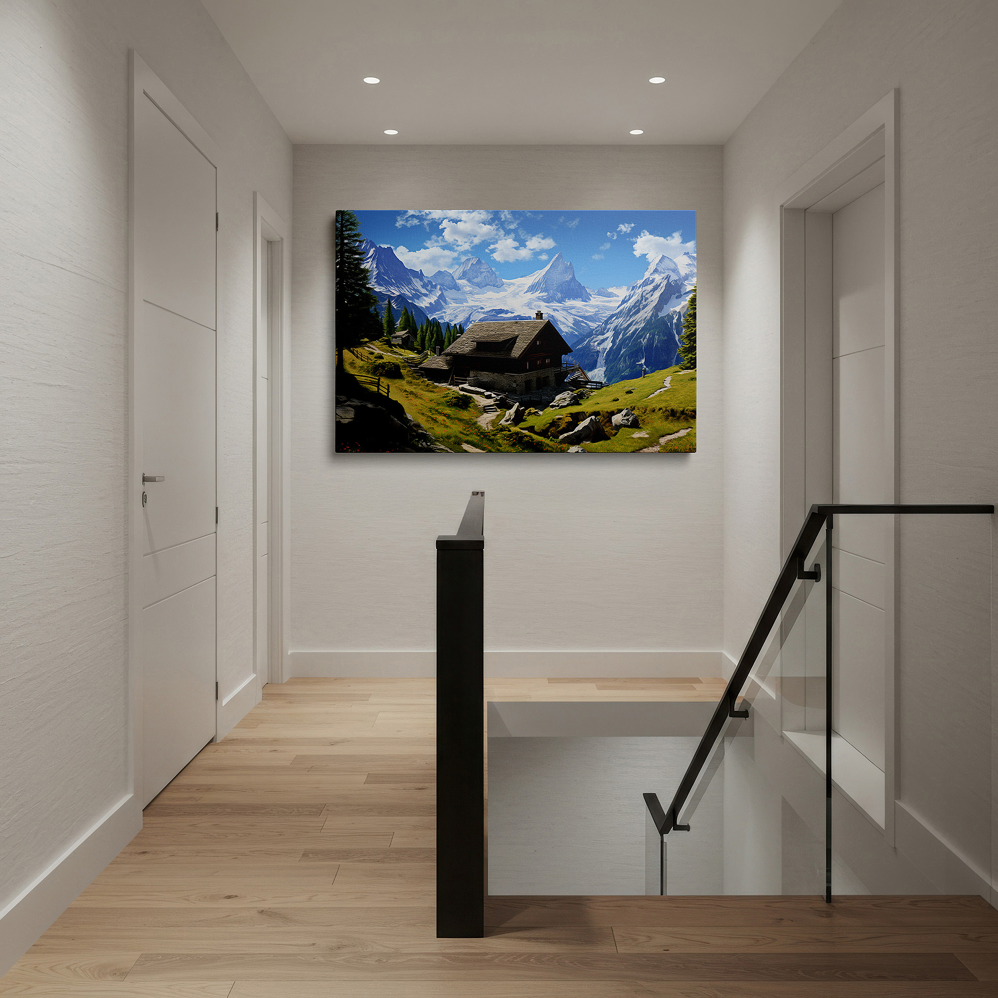 Presented on a clean white gallery wall with ample space — swiss alps serene retreat: rustic cabin surrounded by verdant hills and snowy peaks - large wall art, canvas, office decor