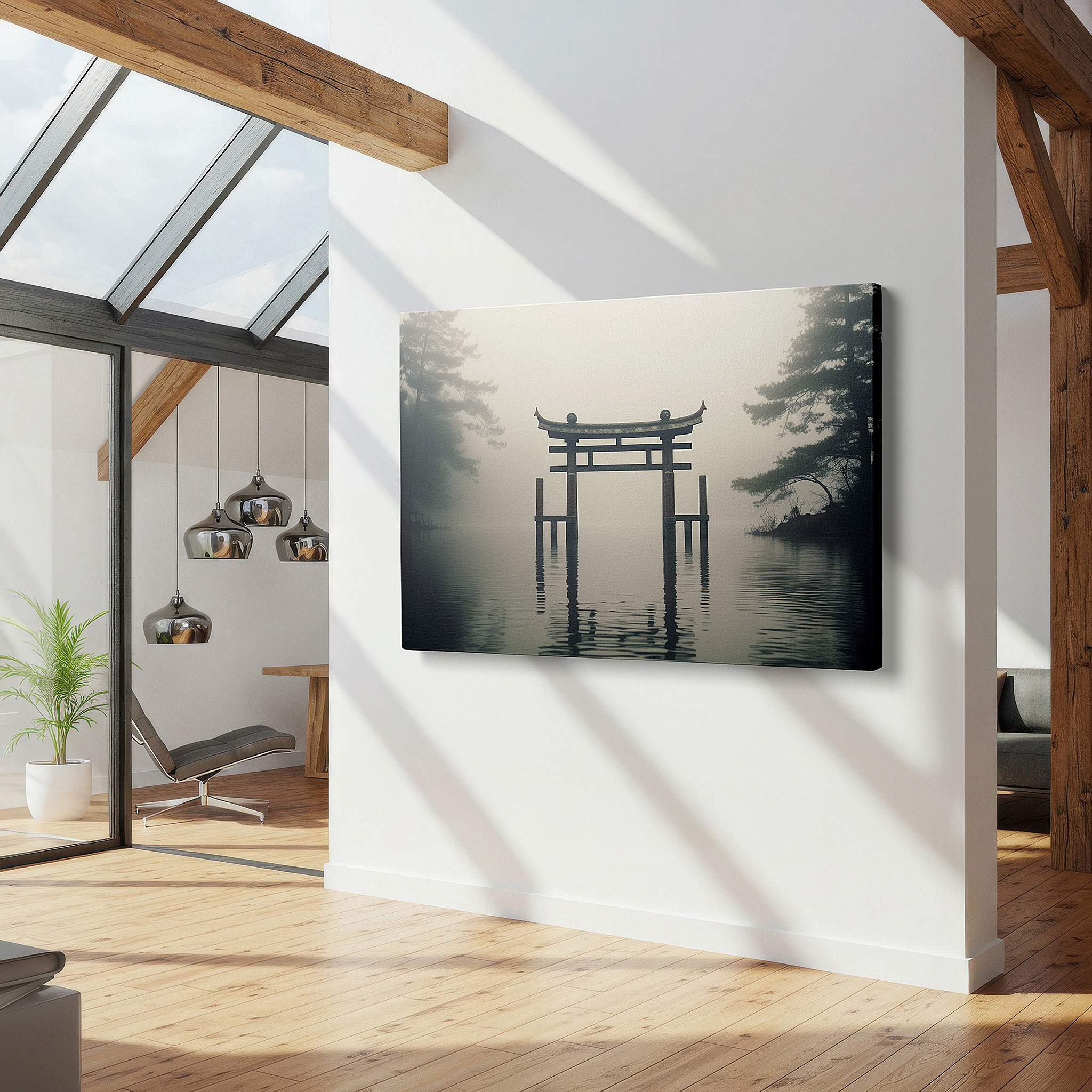 Presented on a clean white gallery wall with ample space — torii gate in misty waters wall art: symbolizing tranquility and sacred transition - large canvas for home or office decor