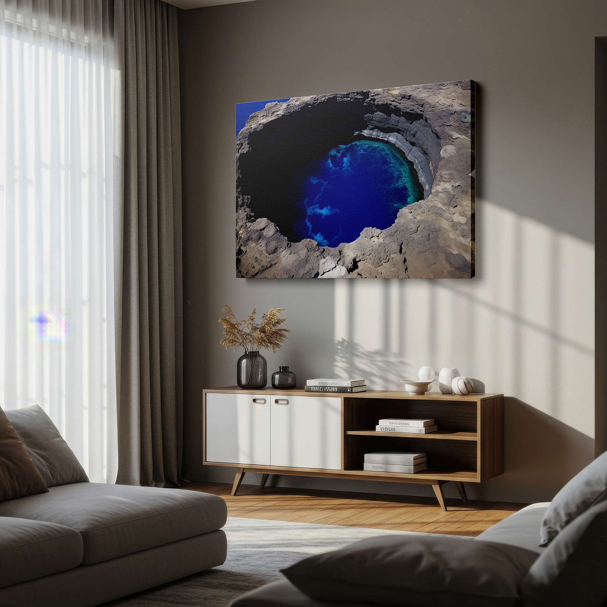 Presented on a clean white gallery wall with ample space — tranquil waters and ancient lava rocks - striking natural beauty large wall art, canvas wall art, wall decor for office