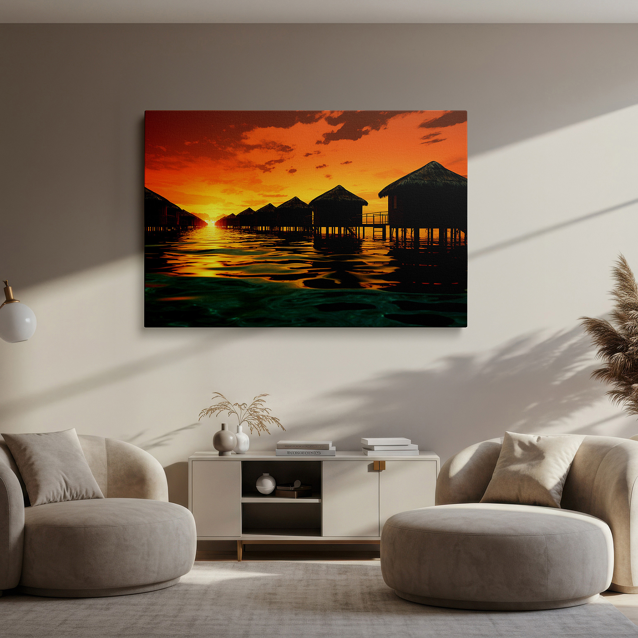 Presented on a clean white gallery wall with ample space — tropical paradise golden hour tranquility with overwater bungalows large wall art, canvas wall decor for office and bedroom