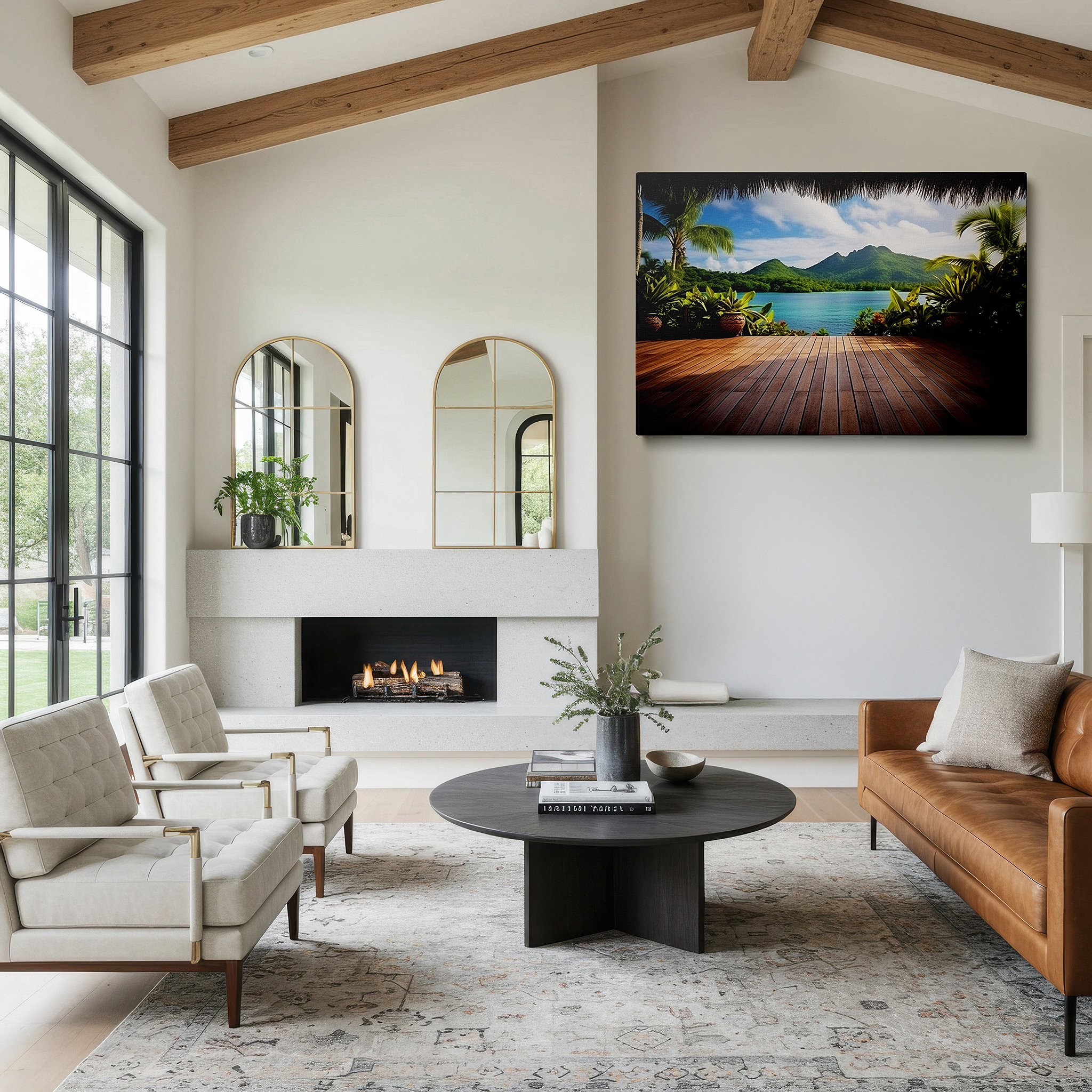 Presented on a clean white gallery wall with ample space — tropical paradise portal featuring verdant mountains and serene blue bay - large canvas wall art for office and bedroom decor