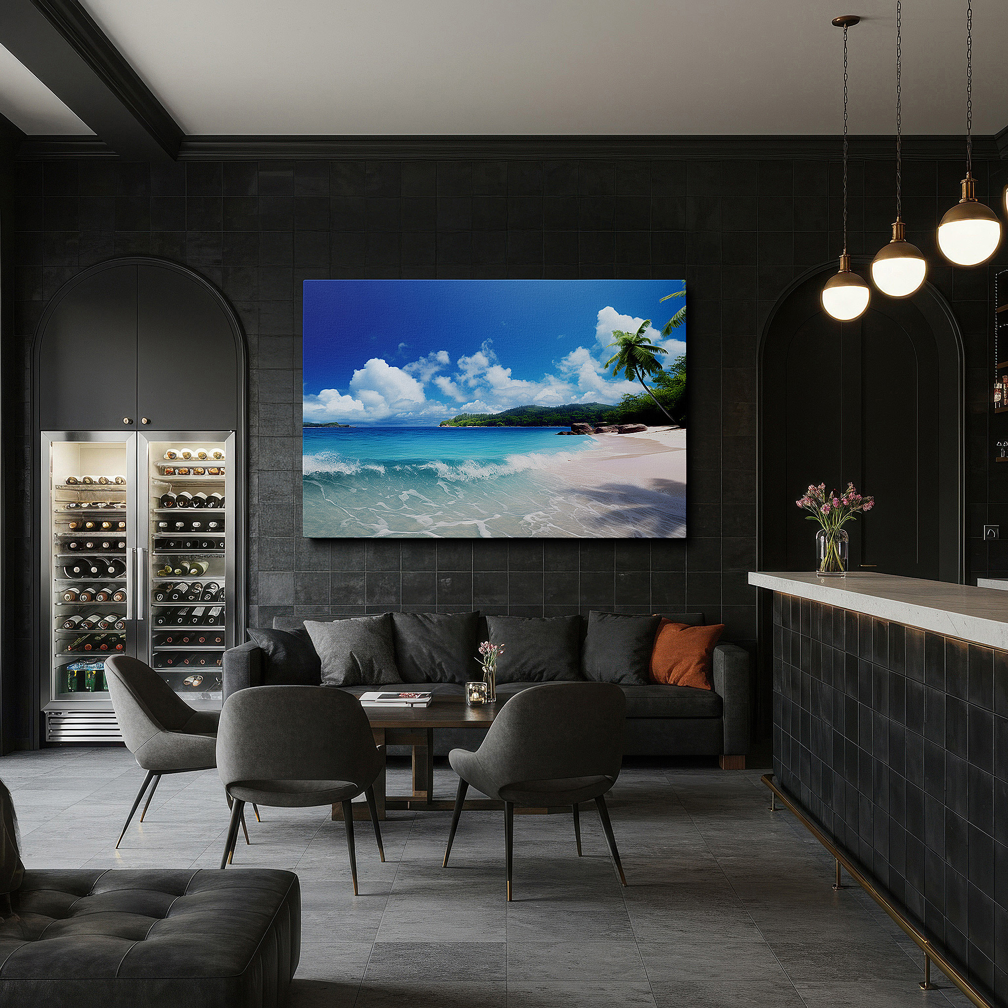 Presented on a clean white gallery wall with ample space — tropical serenity: large wall art featuring turquoise waters and white sands for office and bedroom decor