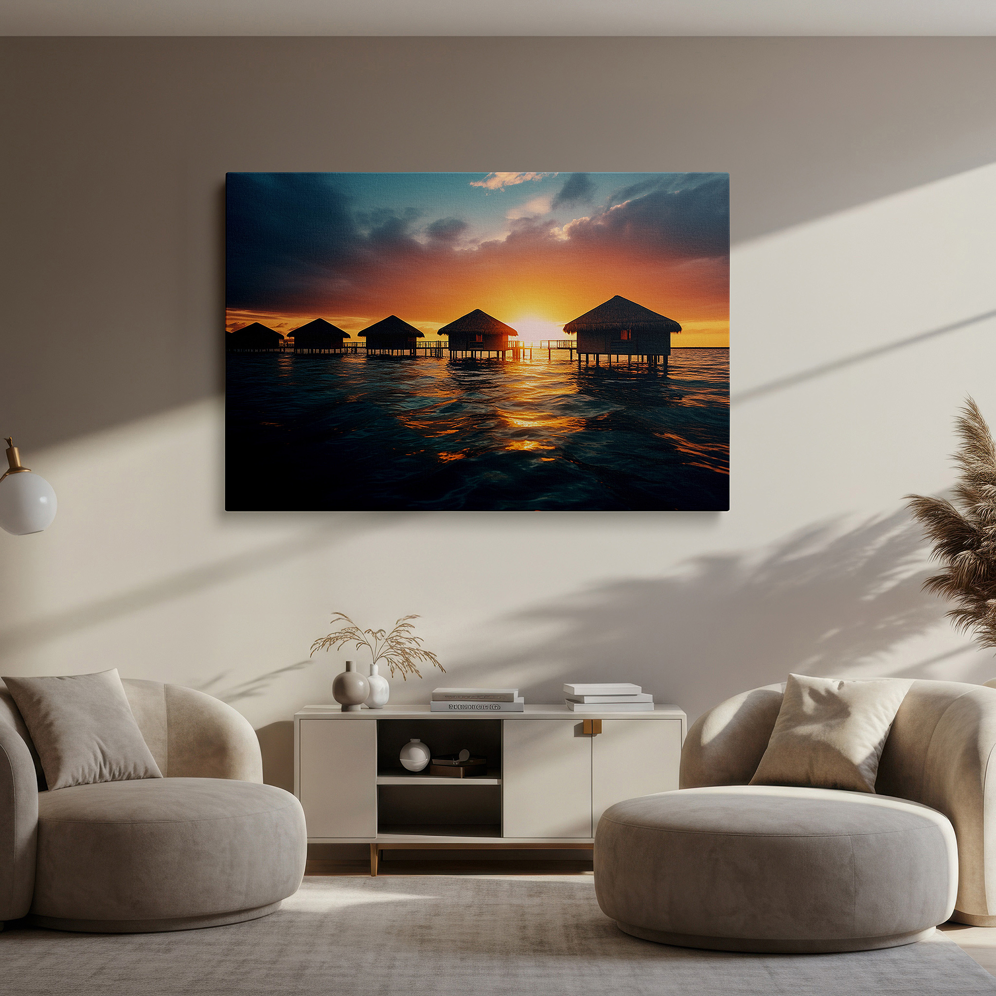Presented on a clean white gallery wall with ample space — tropical sunset and serene waters canvas print with golden-lit bungalows - large wall art for office, bedroom, and living room decor
