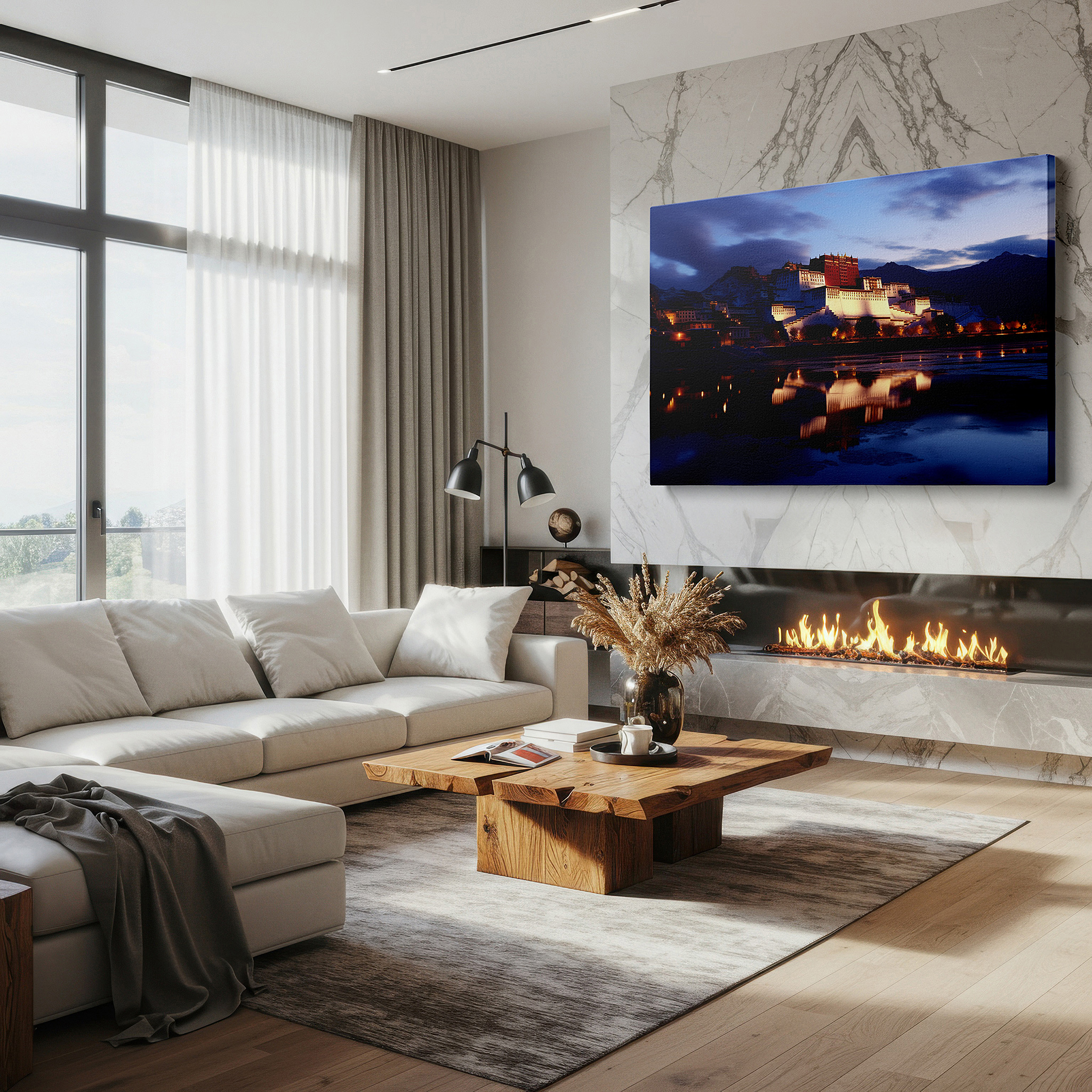 Presented on a clean white gallery wall with ample space — twilight embrace of ancient grandeur - mystical blend of history and nature large wall art, canvas wall art, wall decor for office and bedroom