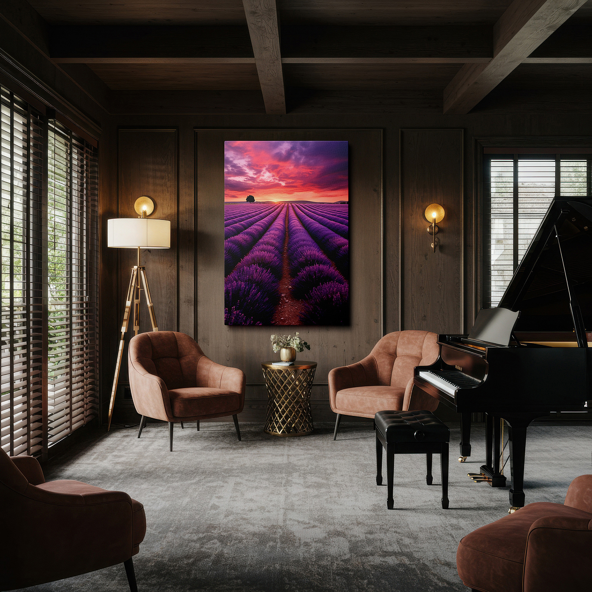 Presented on a clean white gallery wall with ample space — twilight lavender fields - serene and vibrant nature scene large wall art, canvas wall art, wall decor for office, bedroom, and living room