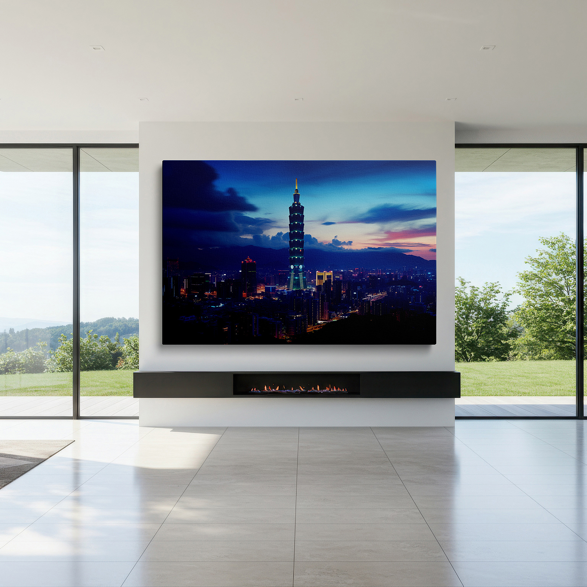 Presented on a clean white gallery wall with ample space — twilight majesty over taipei 101 - clouds and city lights dance large wall art, canvas wall art, wall decor for office and bedroom