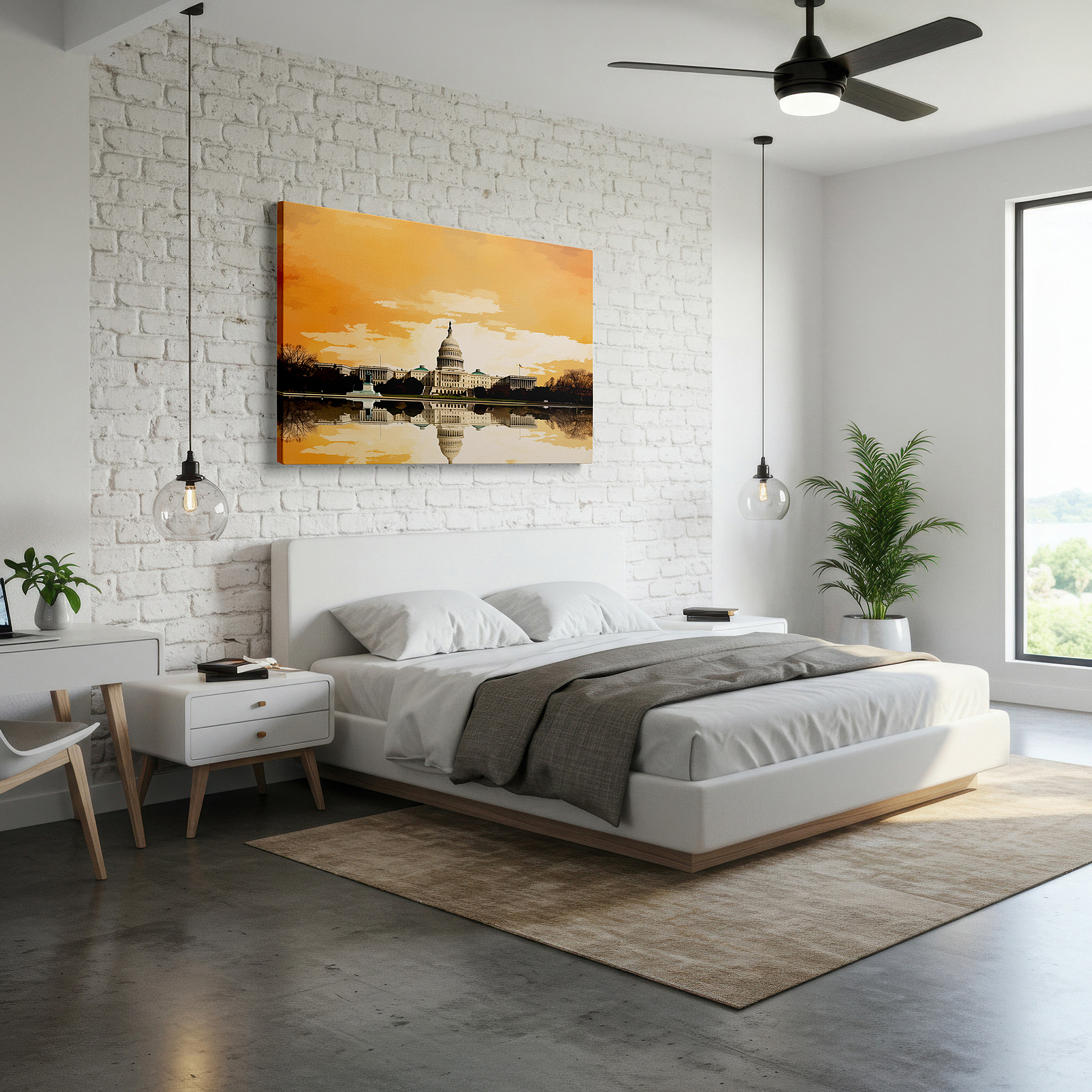 Presented on a clean white gallery wall with ample space — u.s. capitol at sunset: majestic reflections of democracy - tranquil waters large canvas wall art for office decor