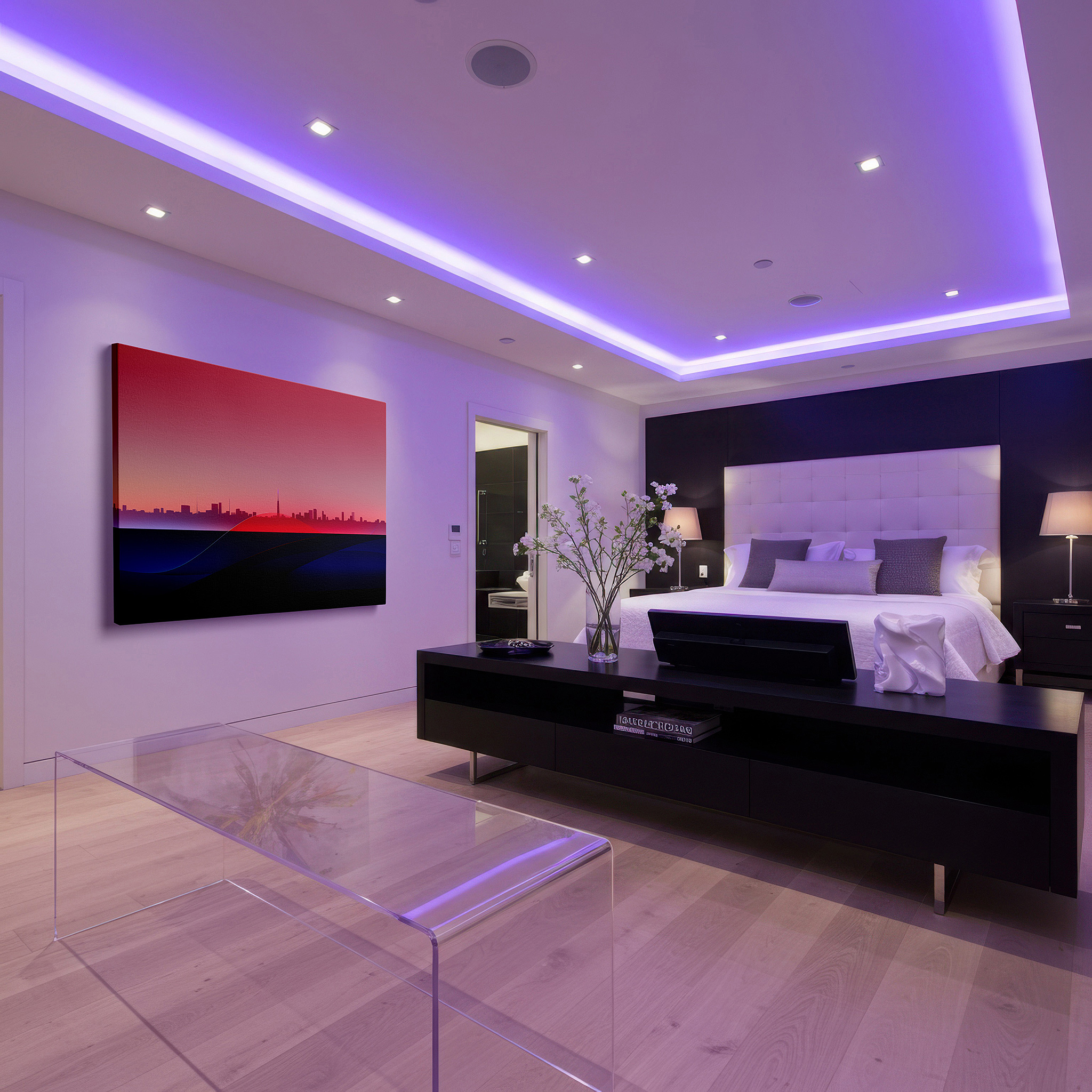 Presented on a clean white gallery wall with ample space — urban skyline and ocean waves wall art in vivid reds and blues - large canvas for office, bedroom, or living room decor