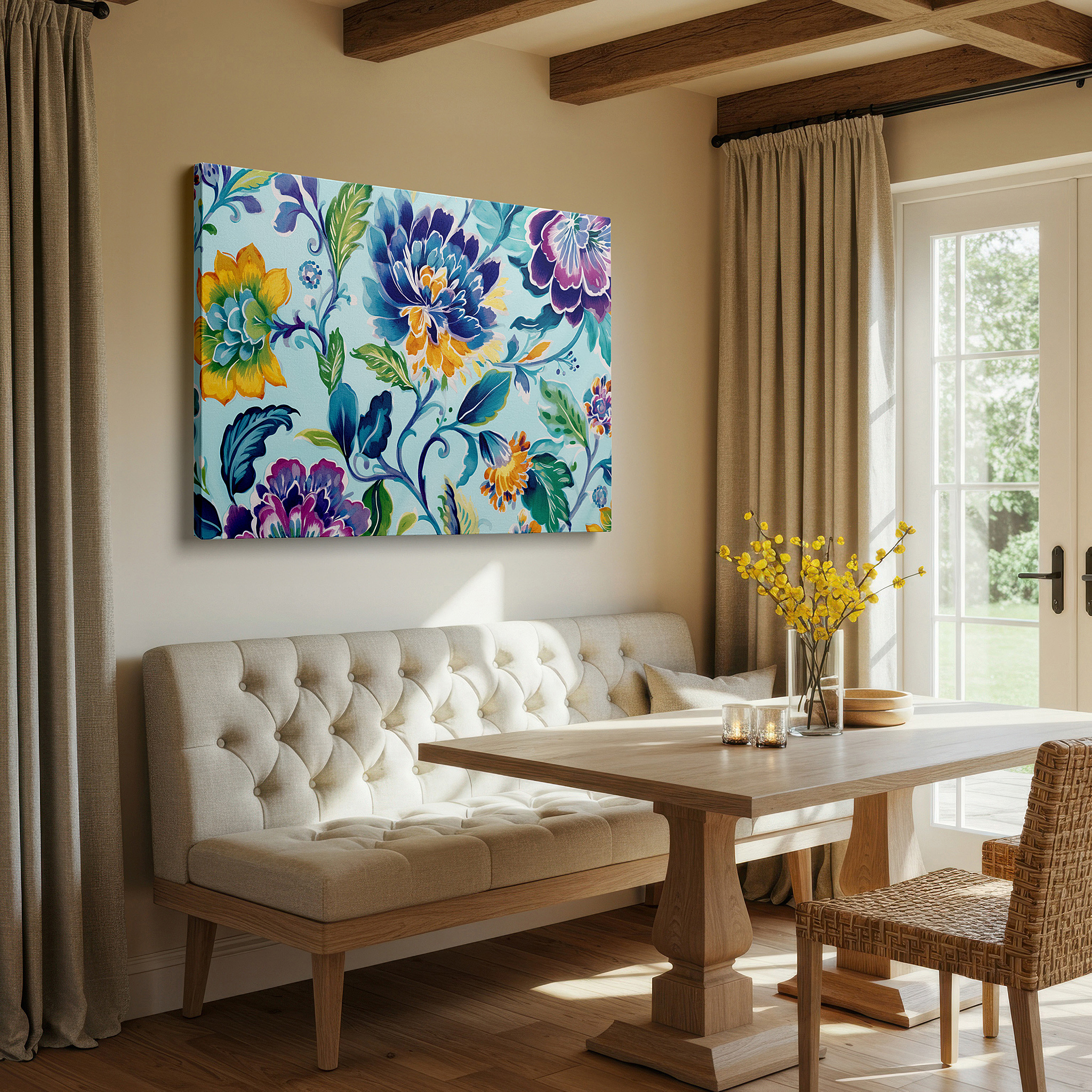 Presented on a clean white gallery wall with ample space — vibrant floral symphony in blues, yellows, and greens: large canvas wall art for office, bedroom, and living room decor