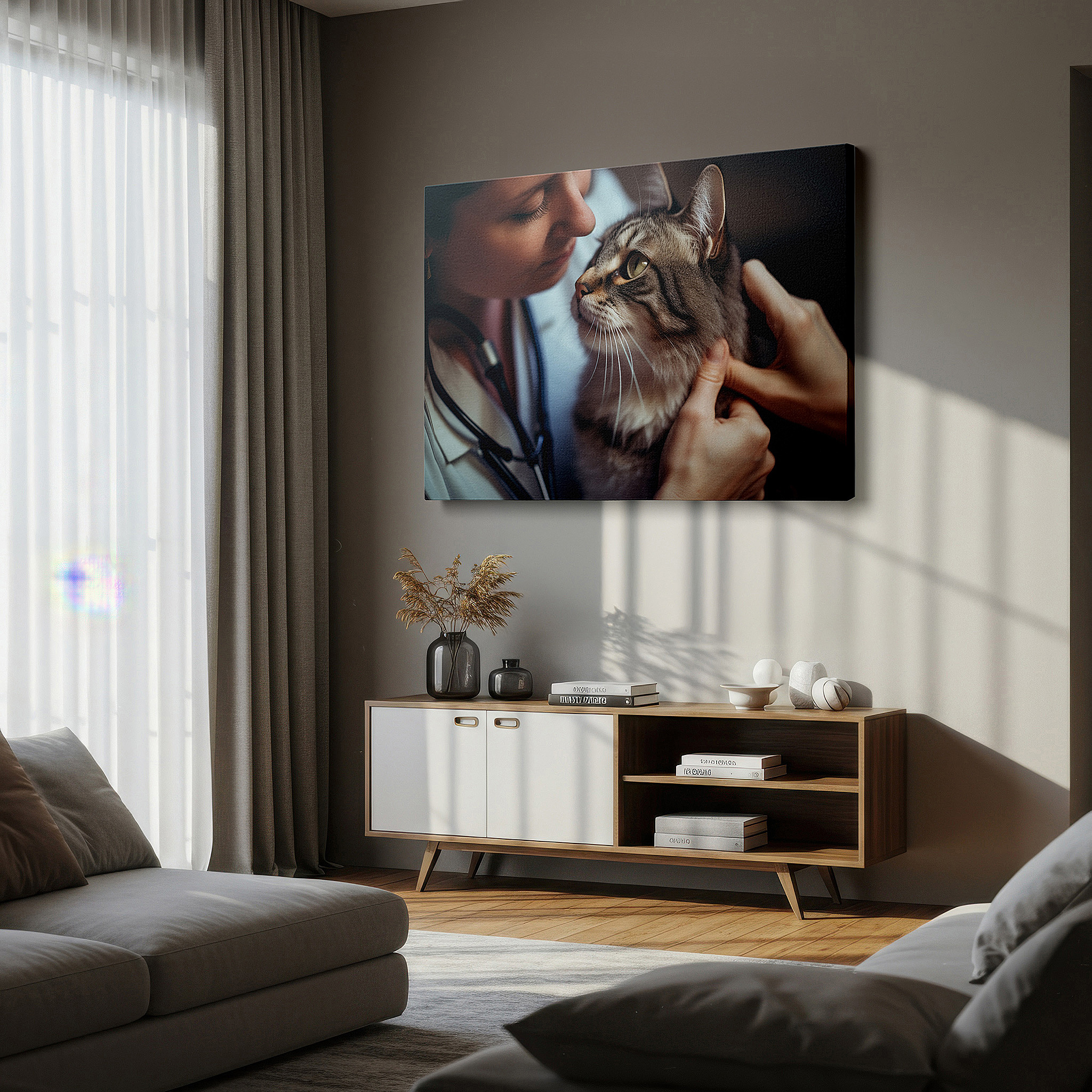 Presented on a clean white gallery wall with ample space — wall art: celebrating compassionate care - a tender moment between a veterinarian and a cat. ideal for office, bedroom, and home decor, available as large canvas wall art.