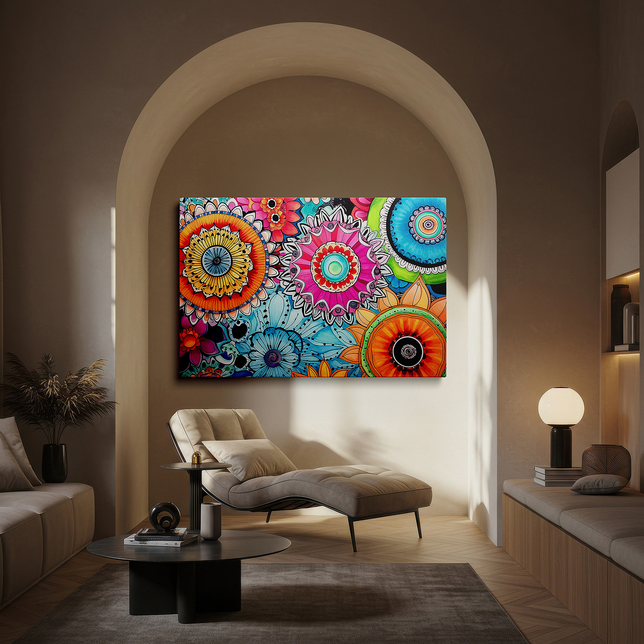 Presented on a clean white gallery wall with ample space — wall art: celebrating nature and spiritual unity with a vibrant blend of floral realism and mandala symbolism - large canvas wall art for home and office decor