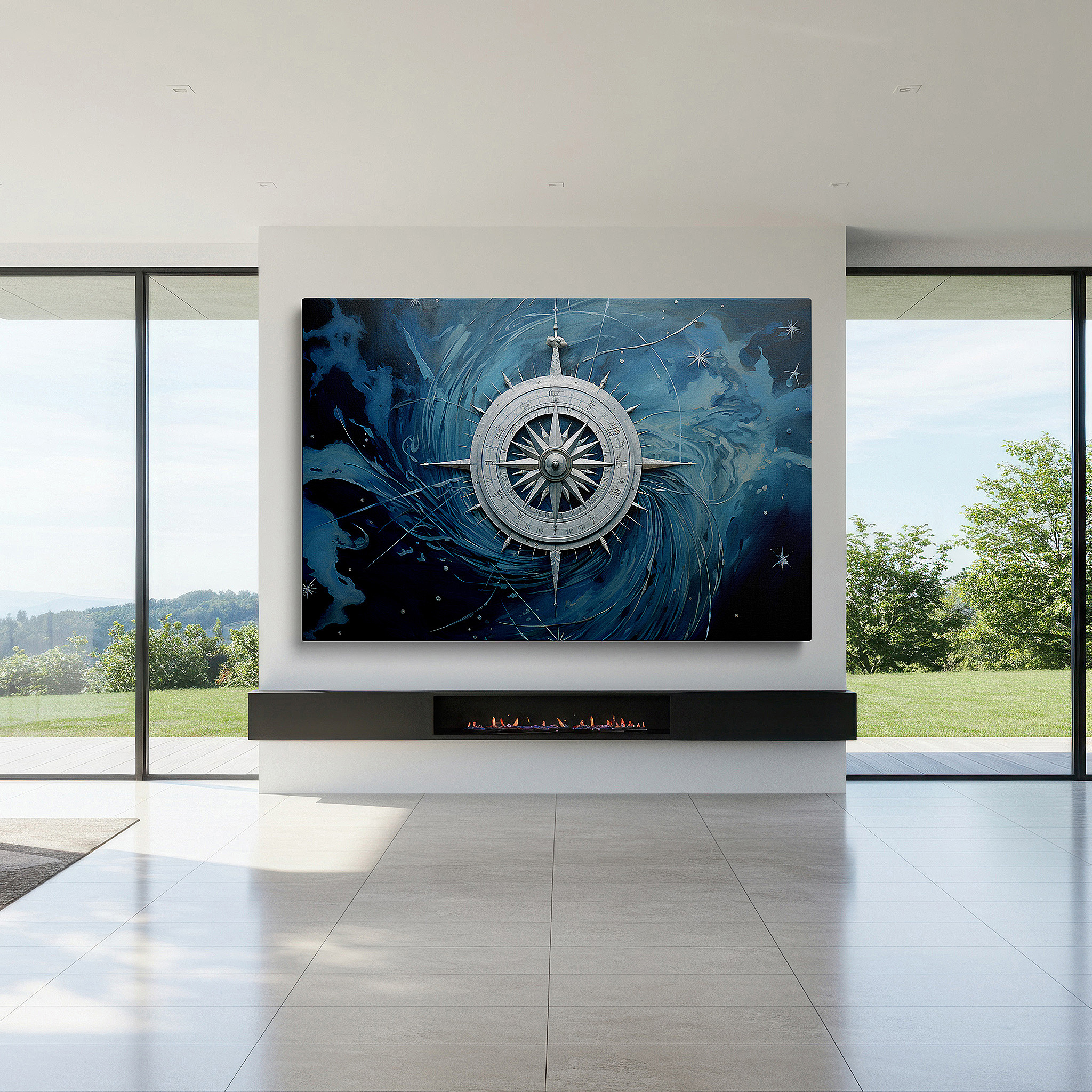 Presented on a clean white gallery wall with ample space — wall art: "compass of dreams" - adventure beacon amidst oceanic swirls, large canvas wall art for office, bedroom, and living room decor