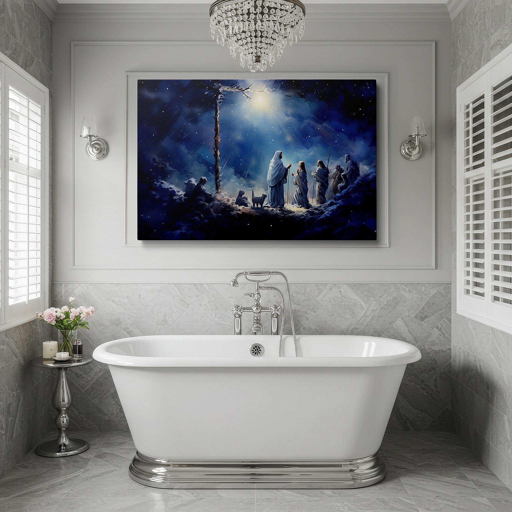 Presented on a clean white gallery wall with ample space — wall art: divine entities and cosmic landscapes - exploring spirituality and mystical unity. large canvas wall art for home and office decor.