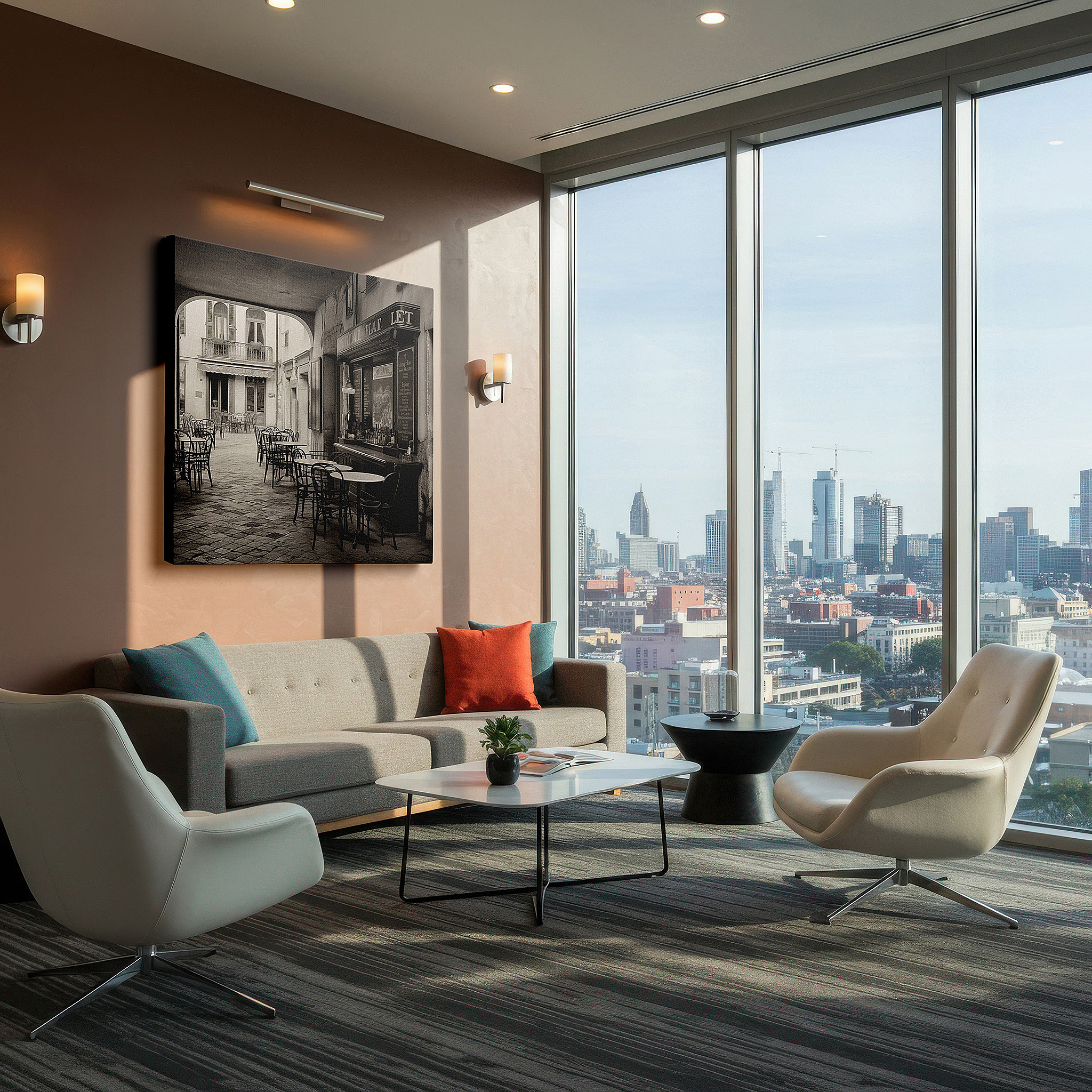 Presented on a clean white gallery wall with ample space — wall art: experience timeless elegance with large canvas prints of a secluded european café - perfect for office, bedroom, or living room decor