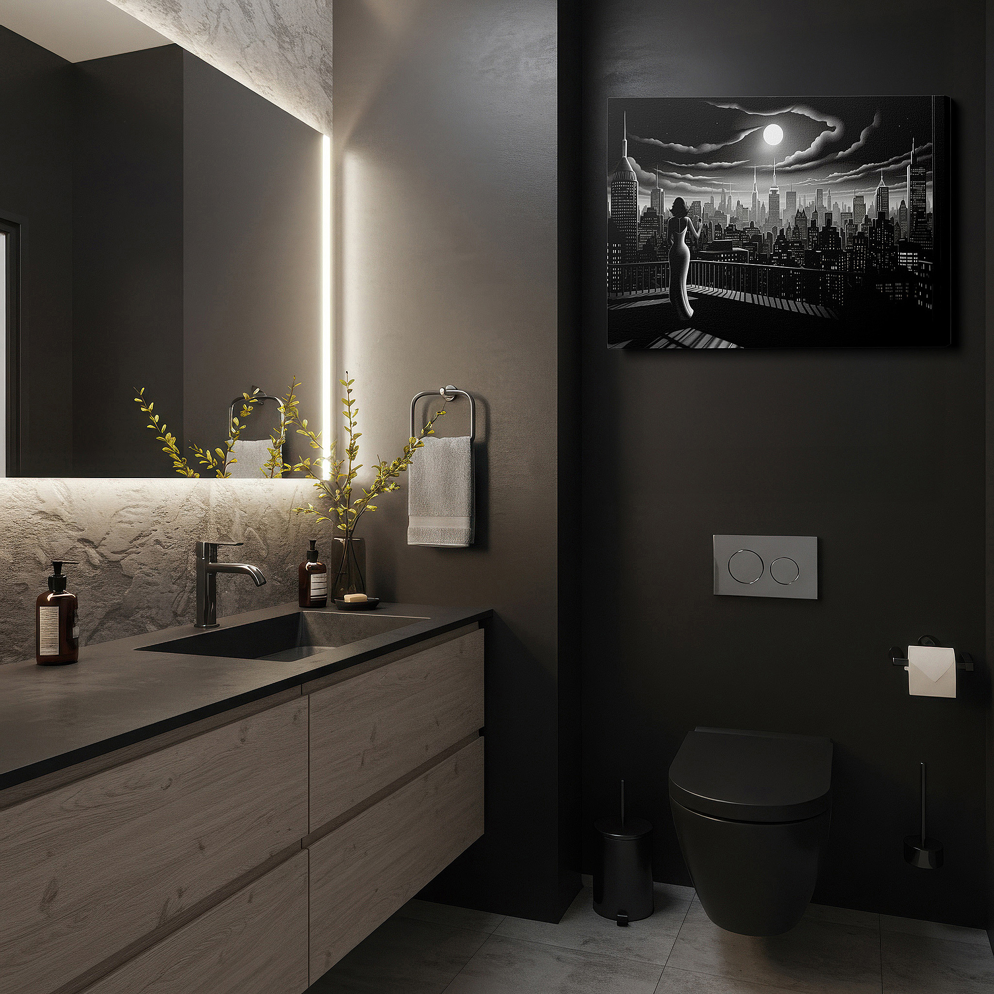 Presented on a clean white gallery wall with ample space — wall art: "human grace and urban energy under moonlit serenity" - large canvas for office, bedroom, or living room decor